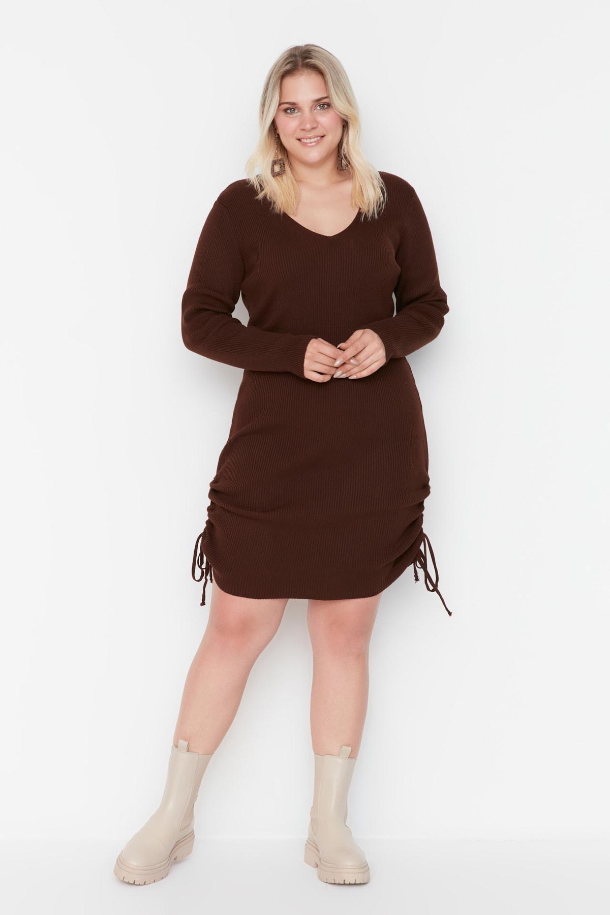 Brown Bodycon Plus Size Dress, Brown, large image number 1