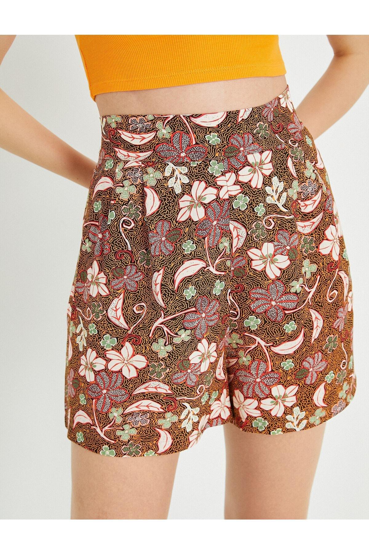 Koton - Black Floral Elastic Waist Mini Shorts