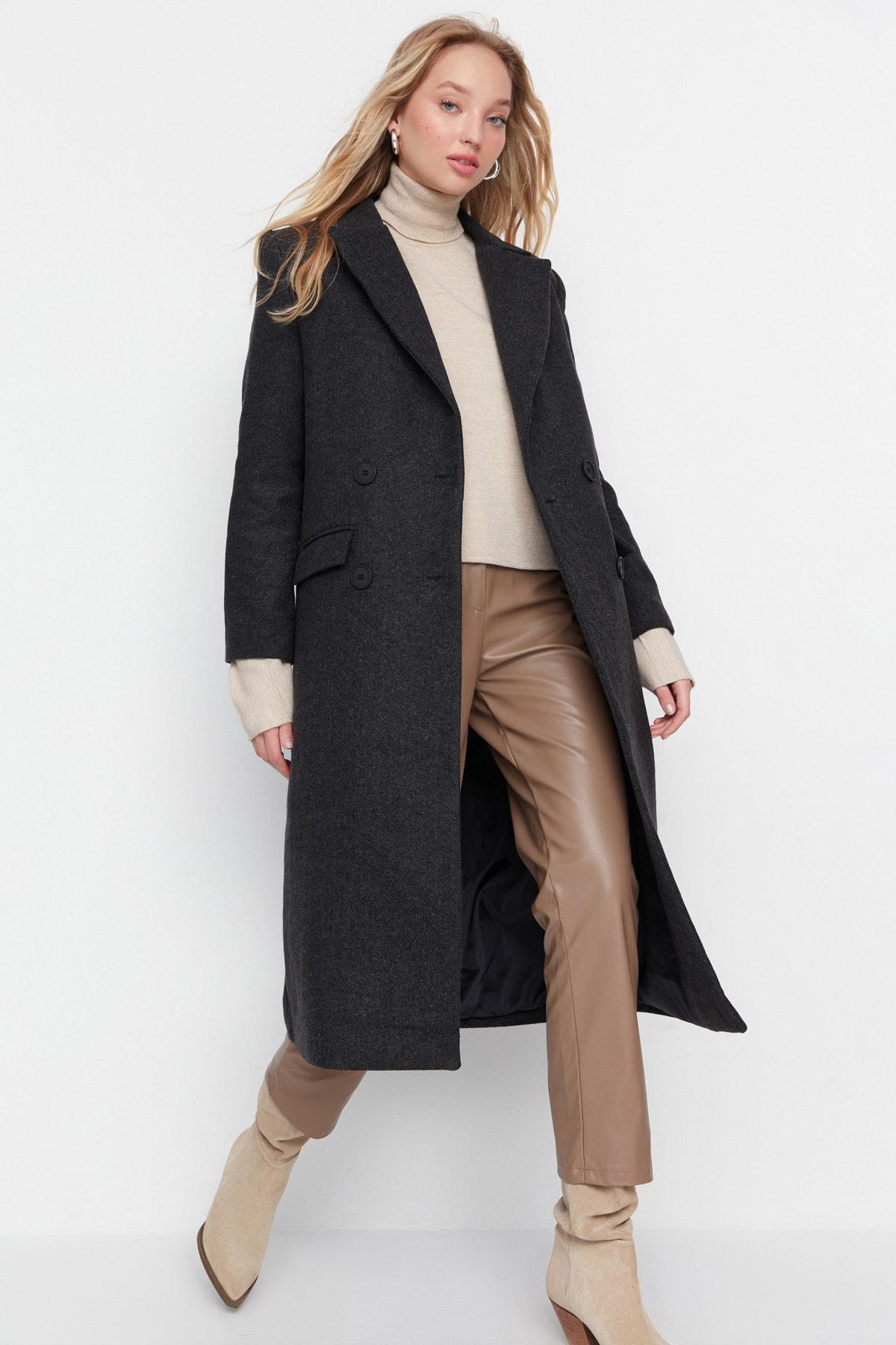 Black Lapel Collar Double Coat, , large image number 0