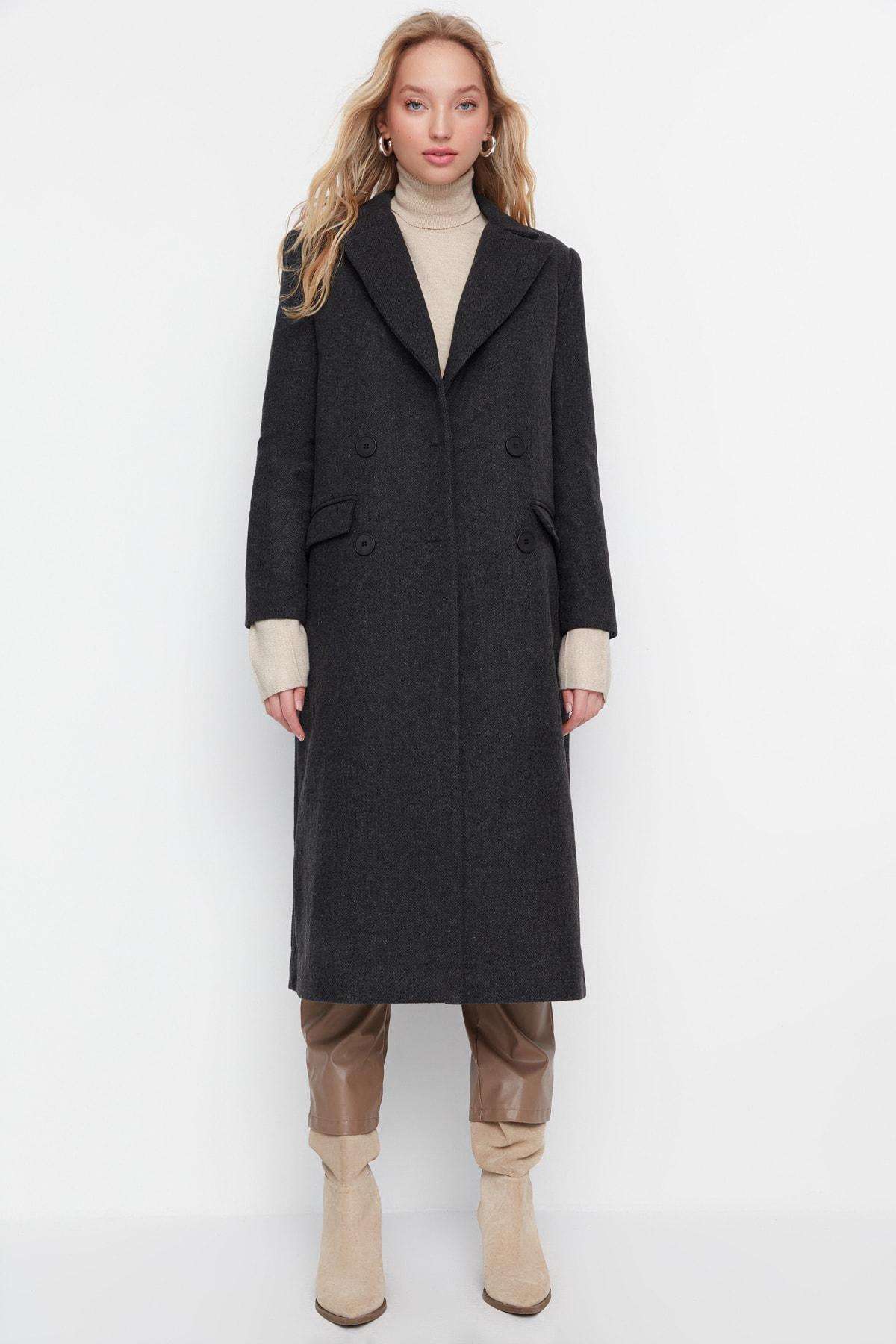 Black Lapel Collar Double Coat, , large image number 1