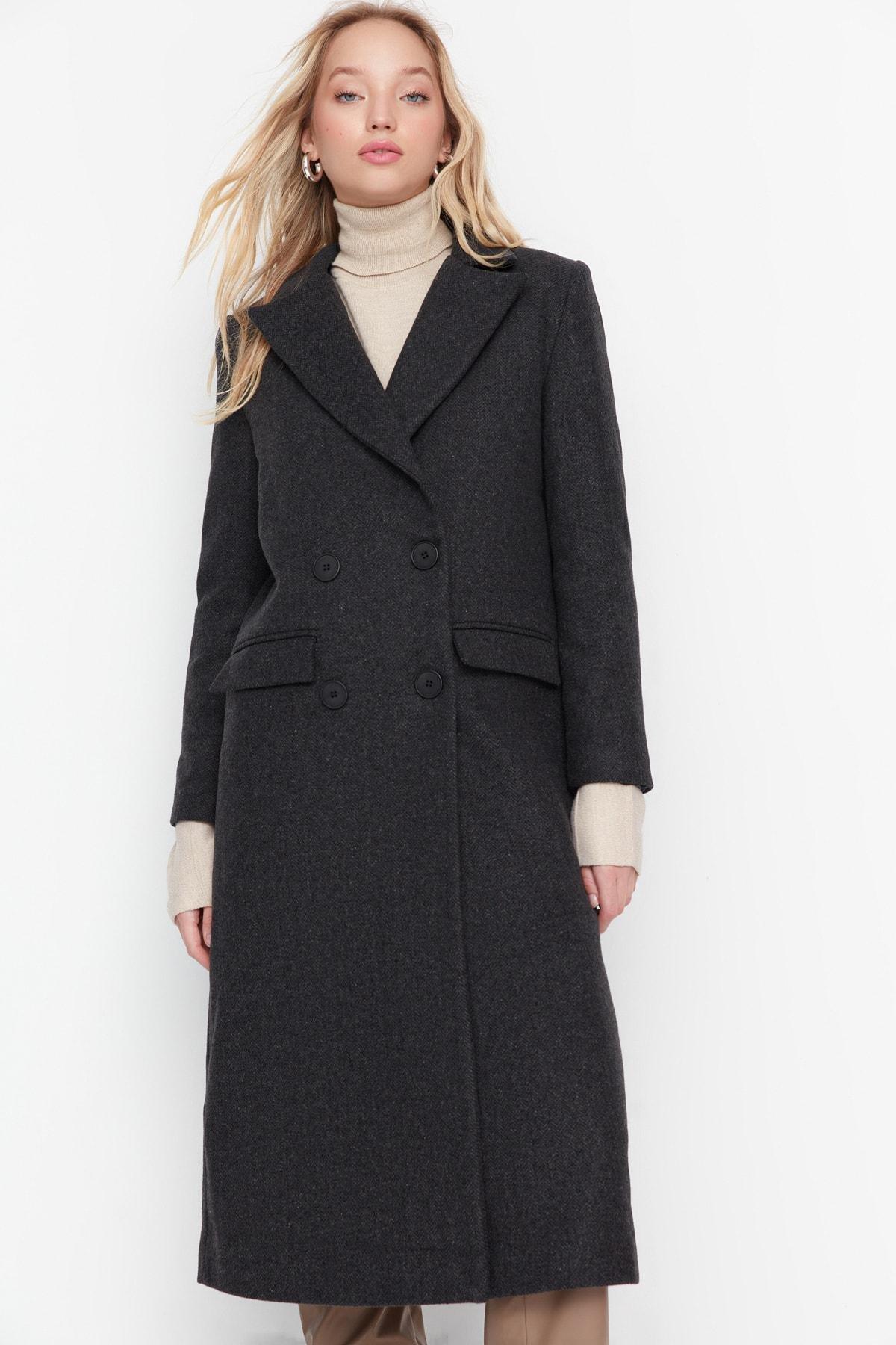 Black Lapel Collar Double Coat, , large image number 2
