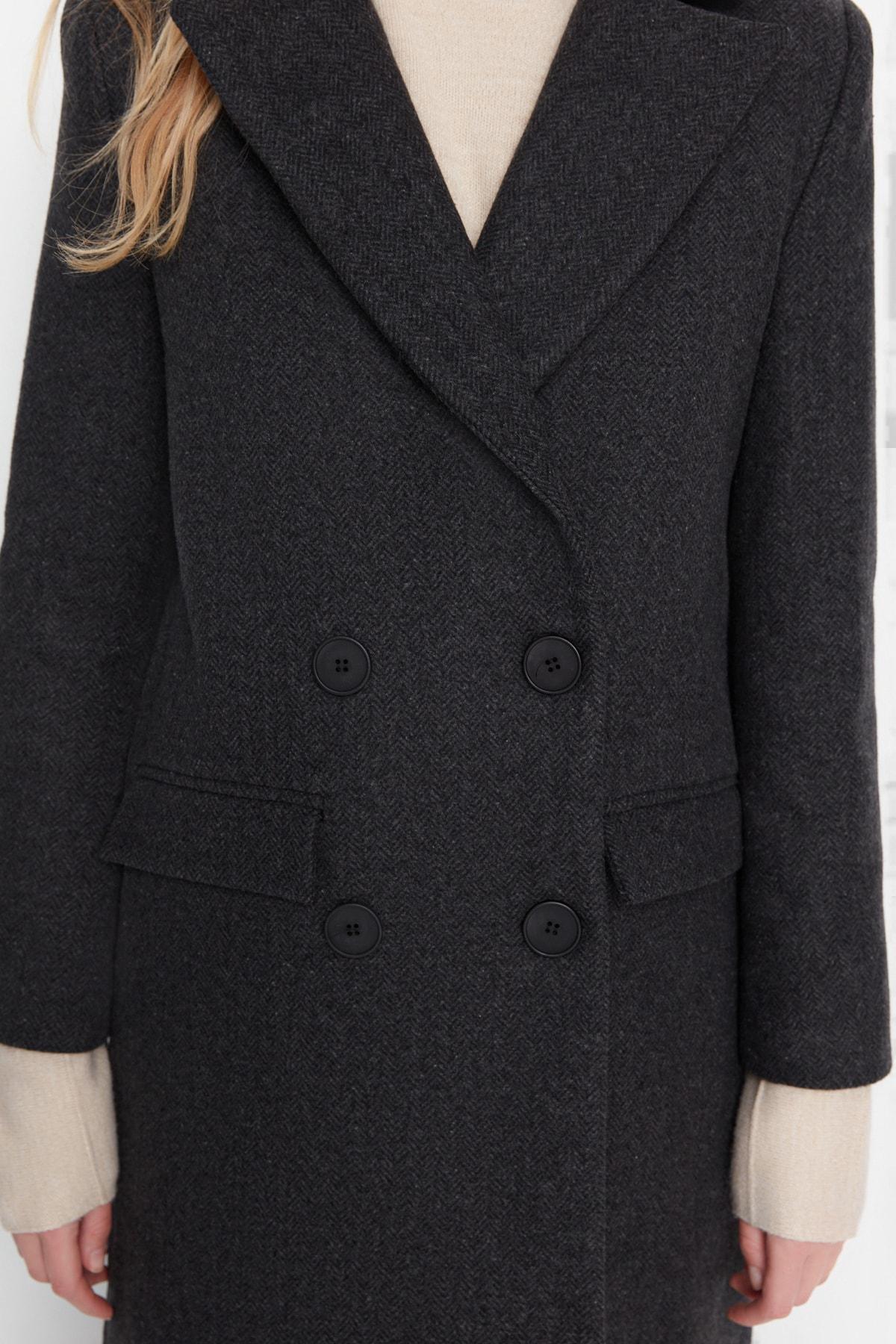 Black Lapel Collar Double Coat, , large image number 3