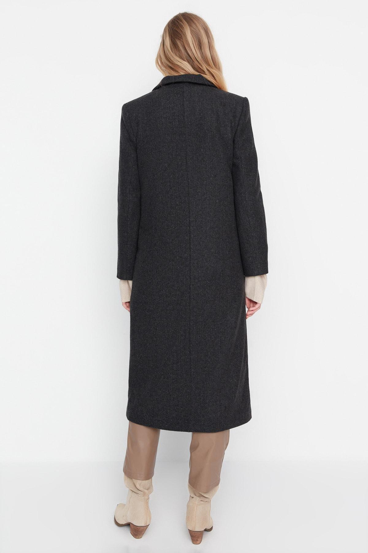 Black Lapel Collar Double Coat, , large image number 4