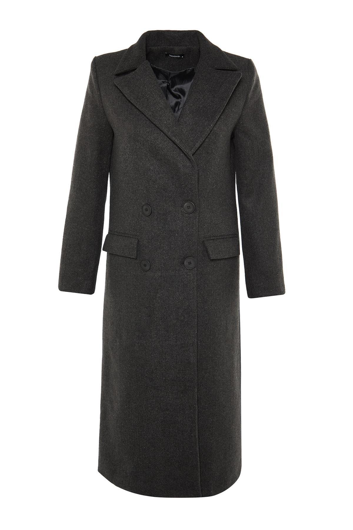 Black Lapel Collar Double Coat, , large image number 5
