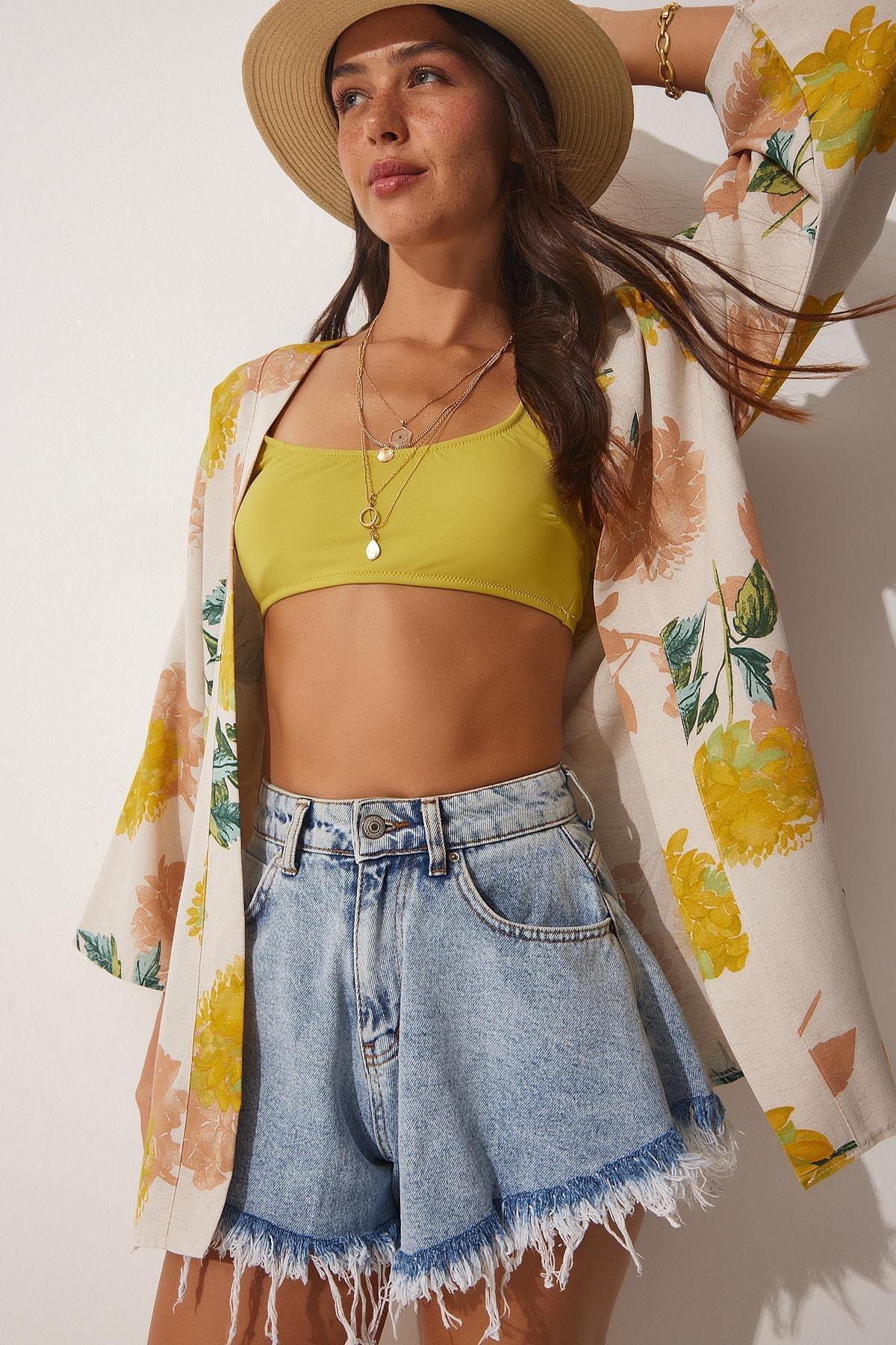 Beige Floral Patterned Linen Kimono, Yellow Beige, medium