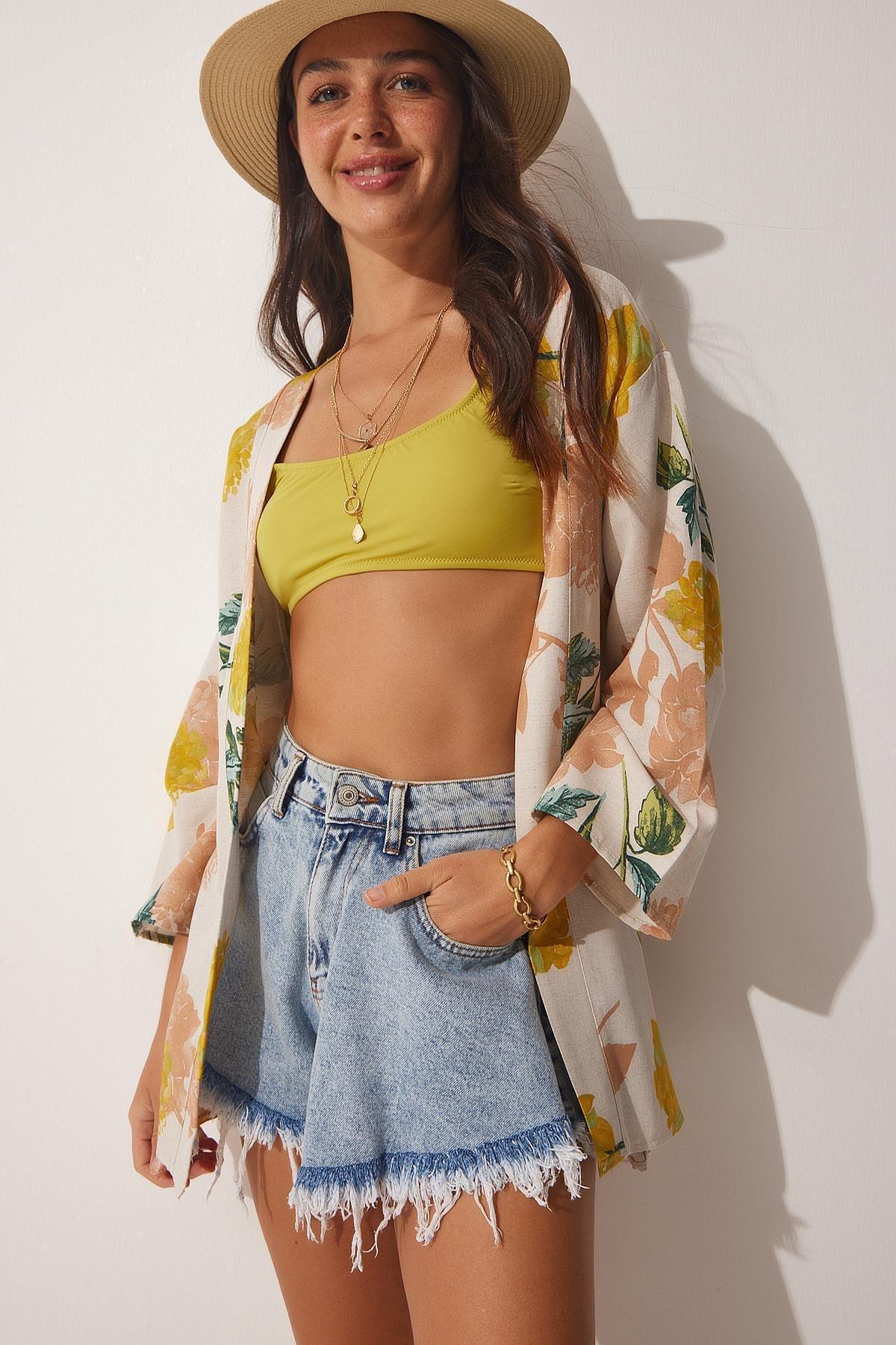 Beige Floral Patterned Linen Kimono, Yellow Beige, medium