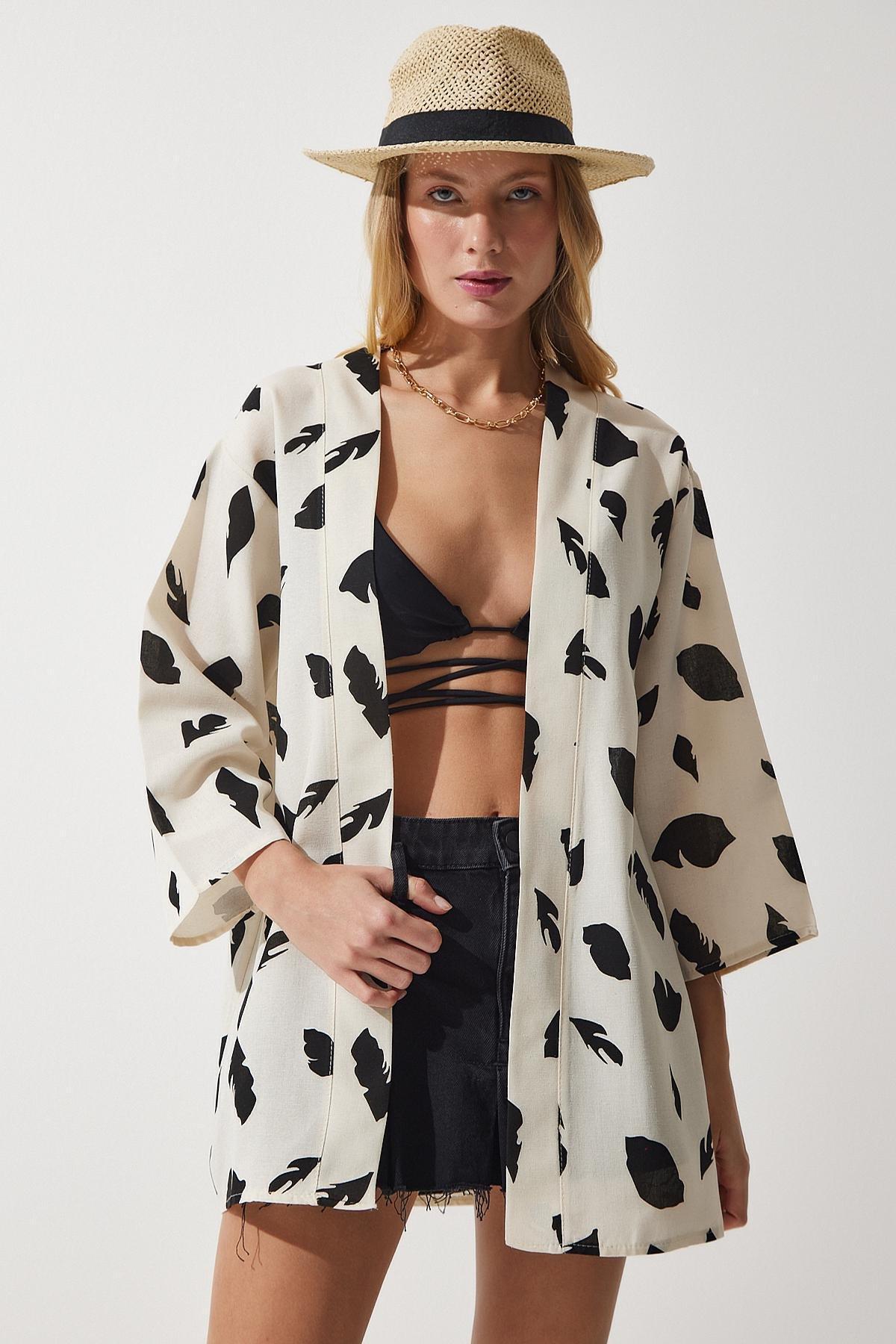 Patterned Linen Viscose Kimono, , large image number 1