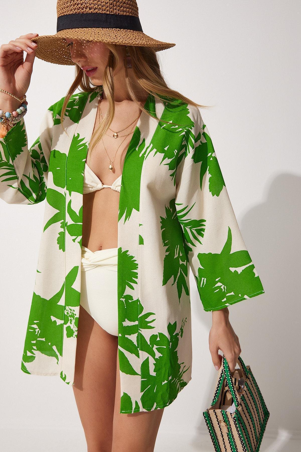 Beige Floral Cache-Coeur Kimono, Beige Green, medium