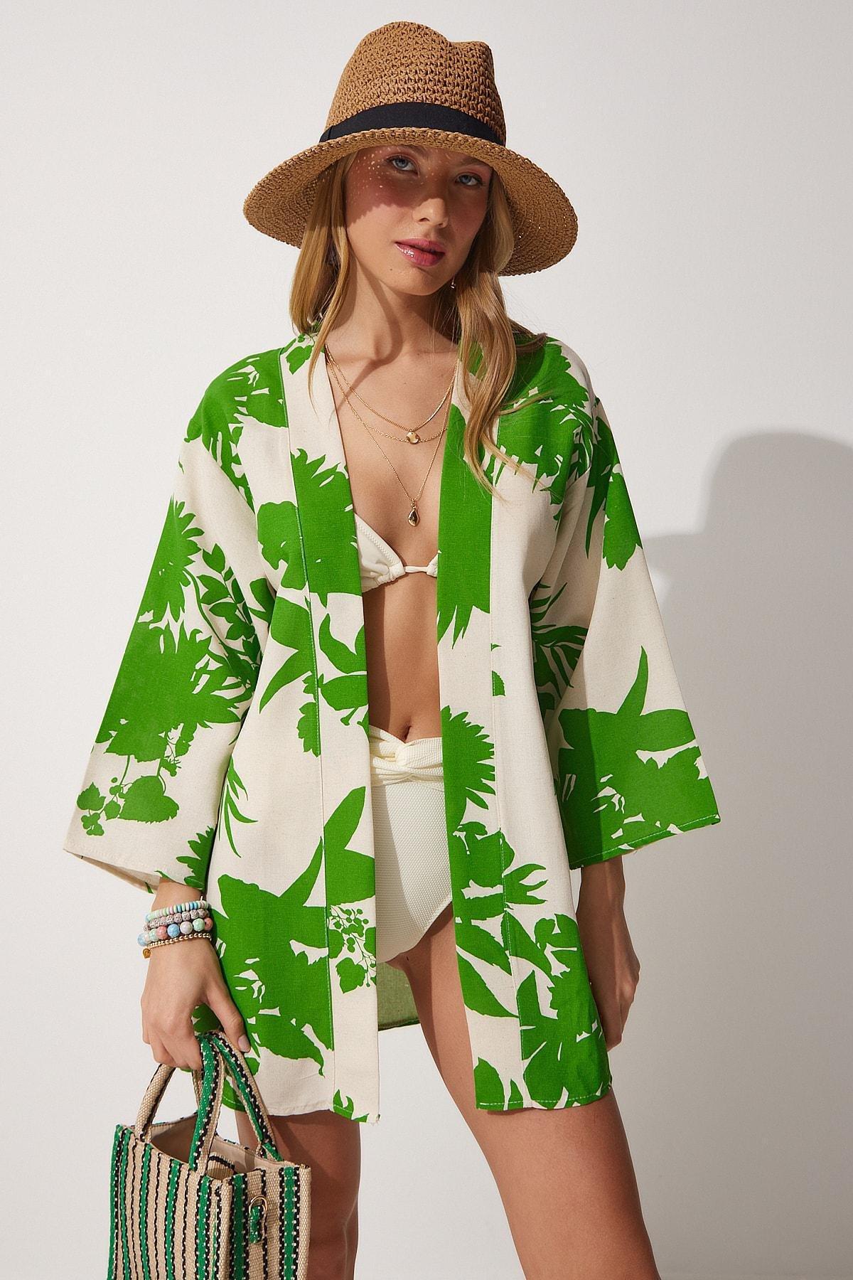 Beige Floral Cache-Coeur Kimono, Beige Green, medium