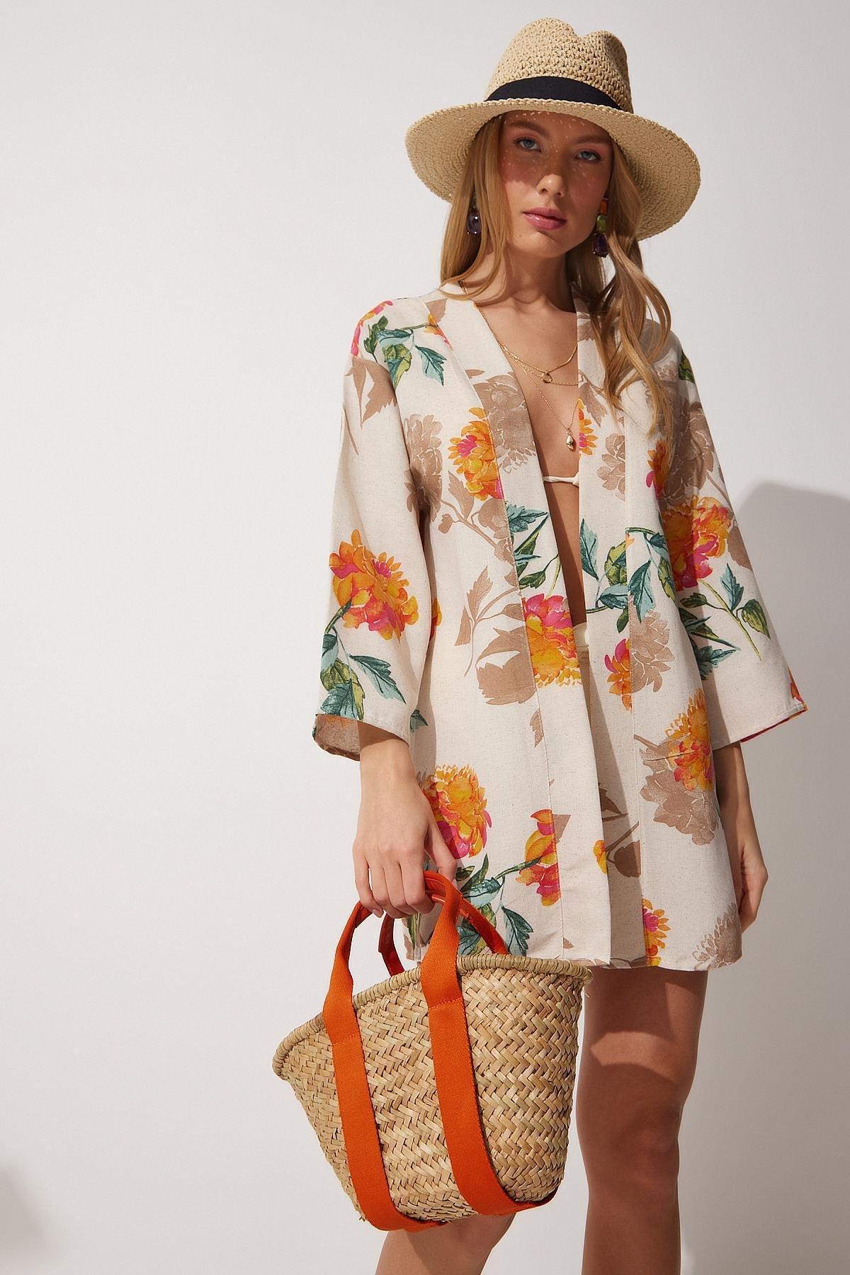 Beige Floral Kimono, , large image number 3