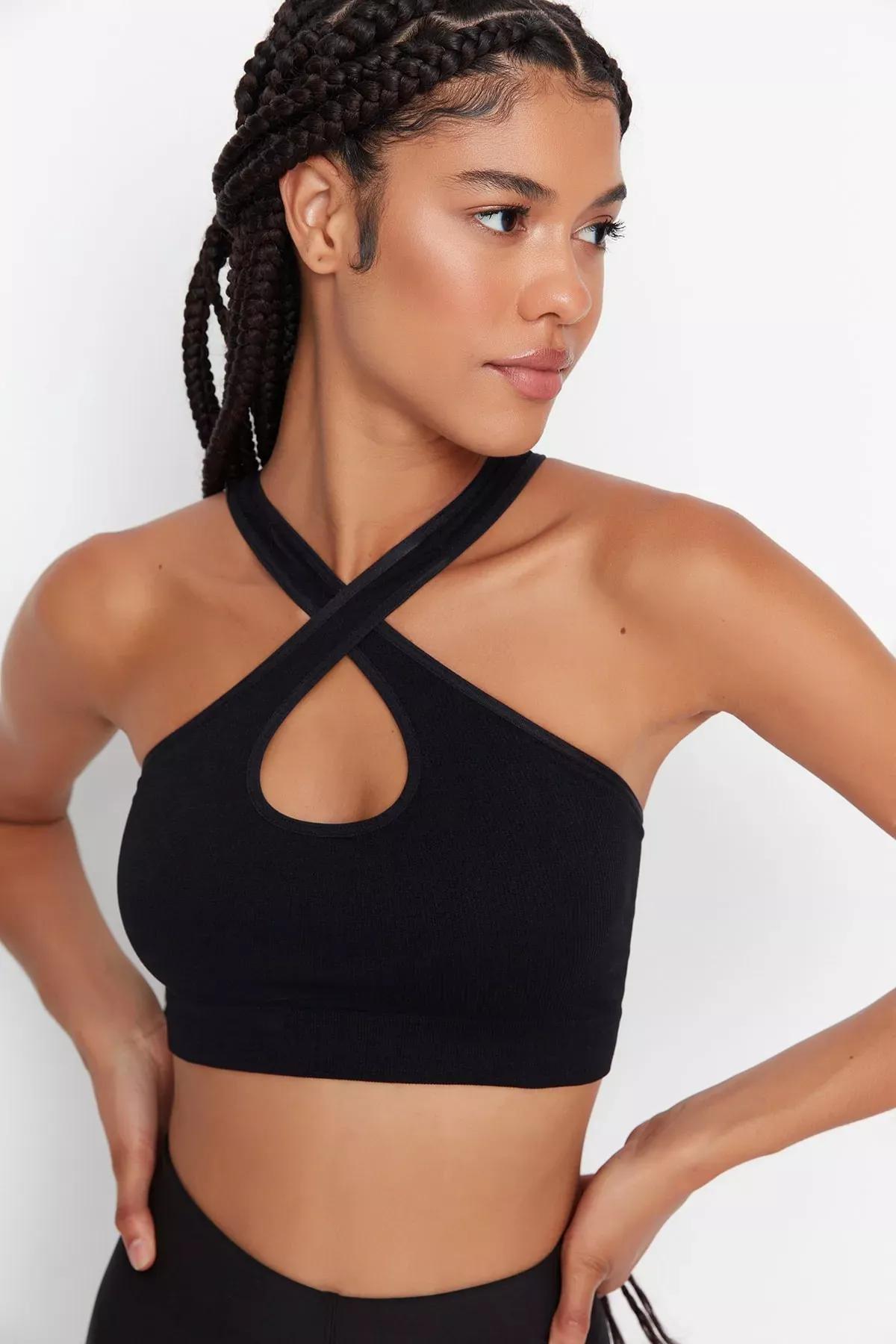 Black Asymmetrical Collar Sports Bra, , medium