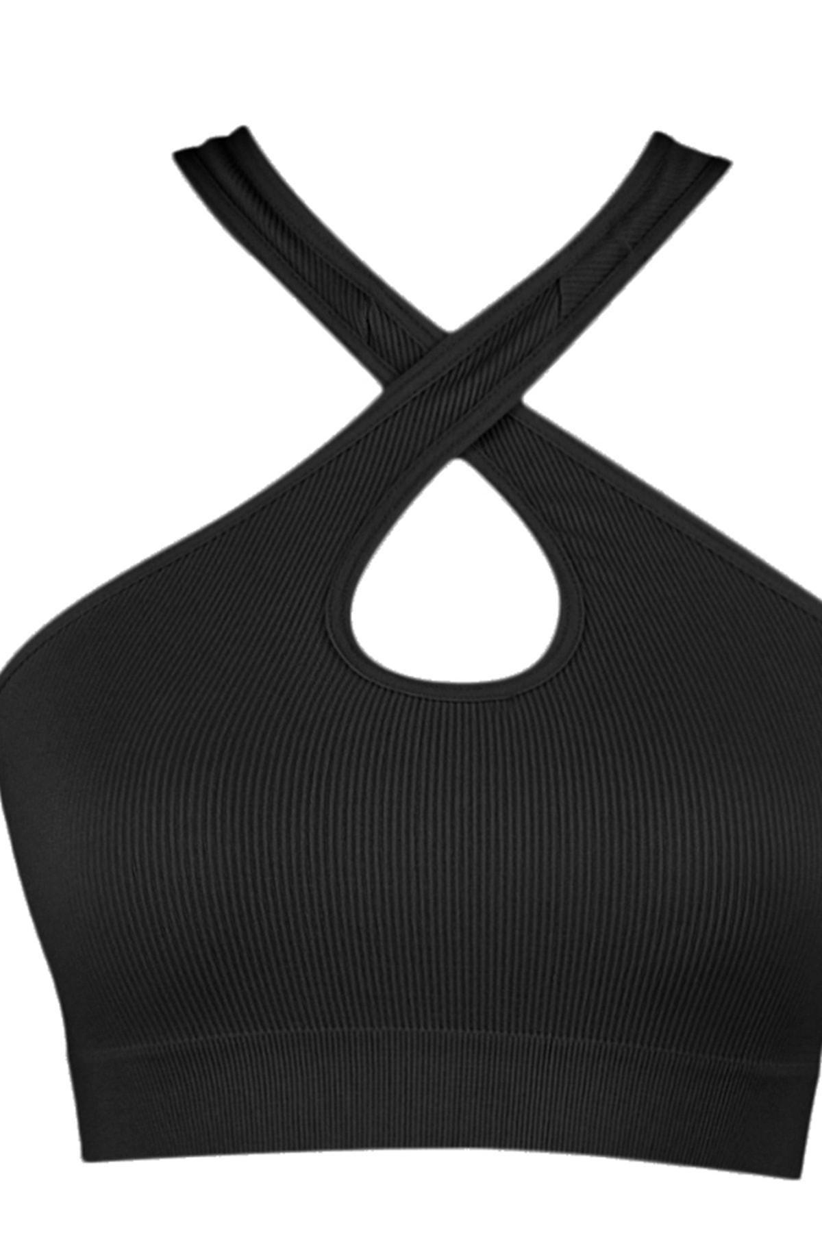 Black Asymmetrical Collar Sports Bra, , large image number 6