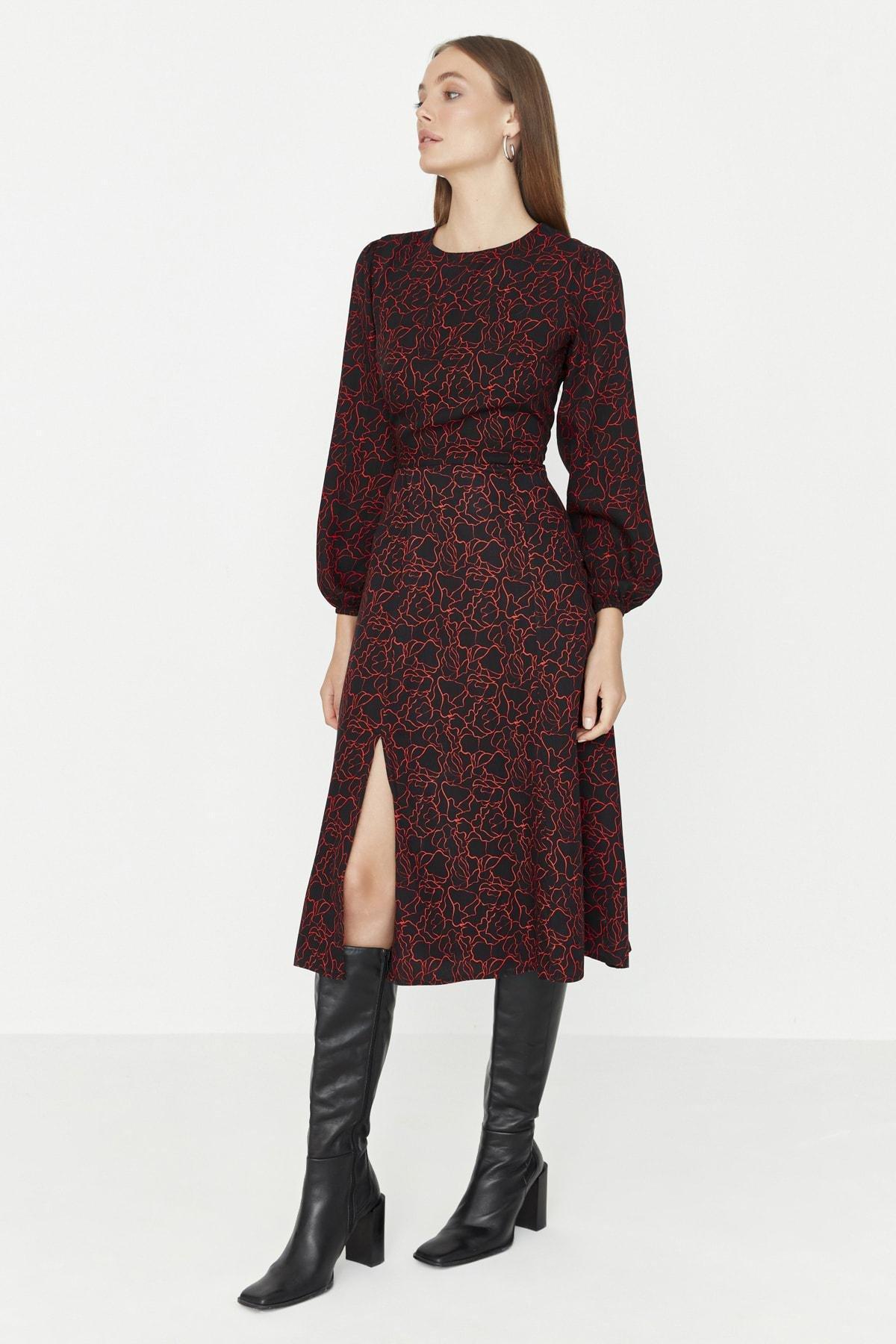 فستان متوسط الطول بقصة على شكل حرف A، أسود, Black, large image number 0