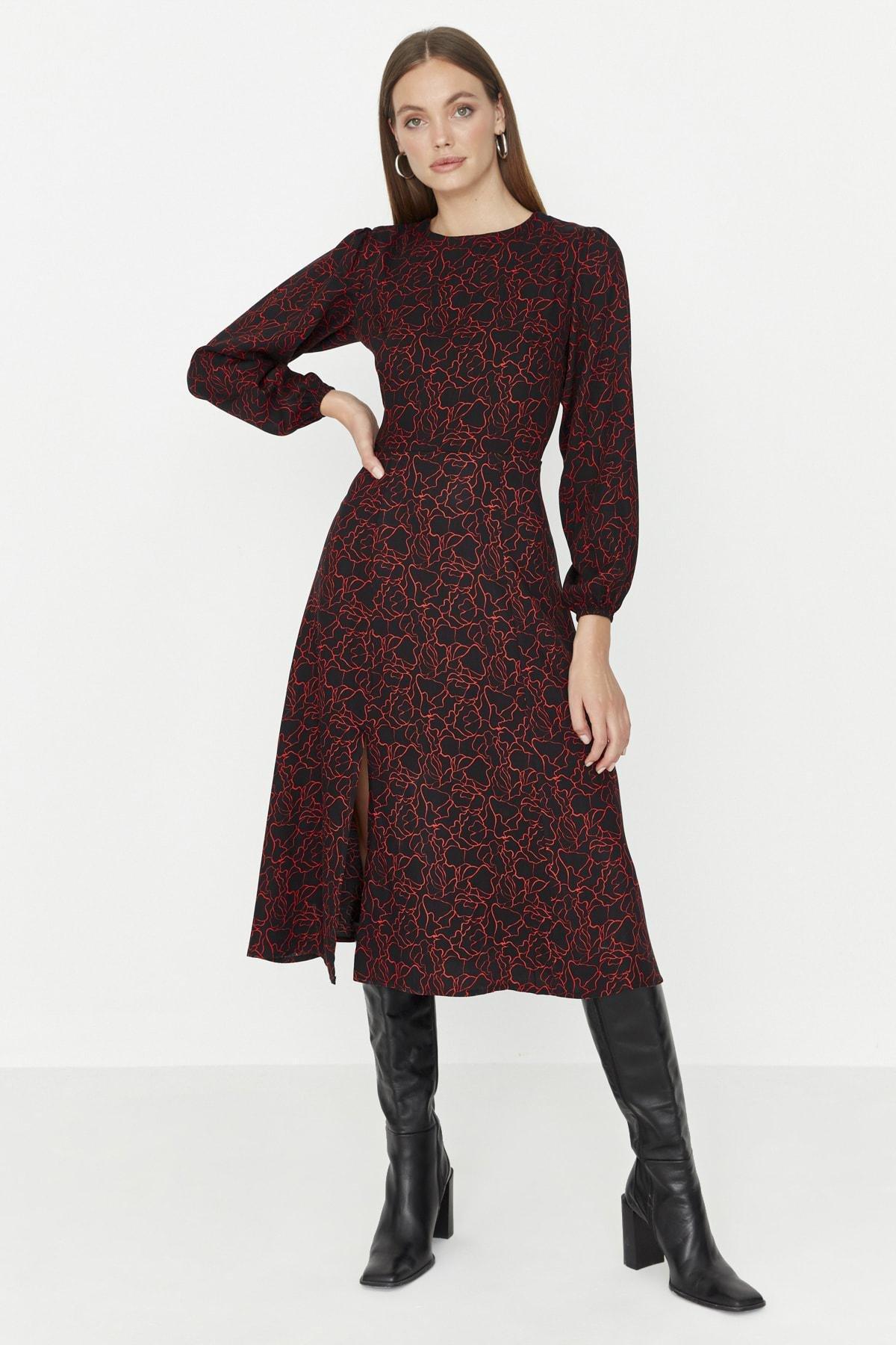 Black A-Line Midi Dress, Black, large image number 1