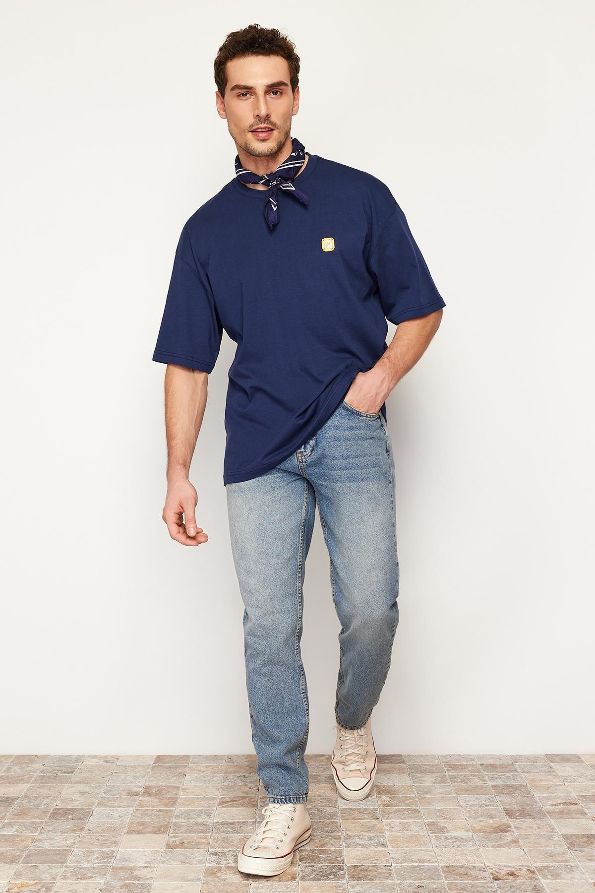 Navy Old Look Boyfriend Denim Trousers, Medium Blue-5003, large image number 0