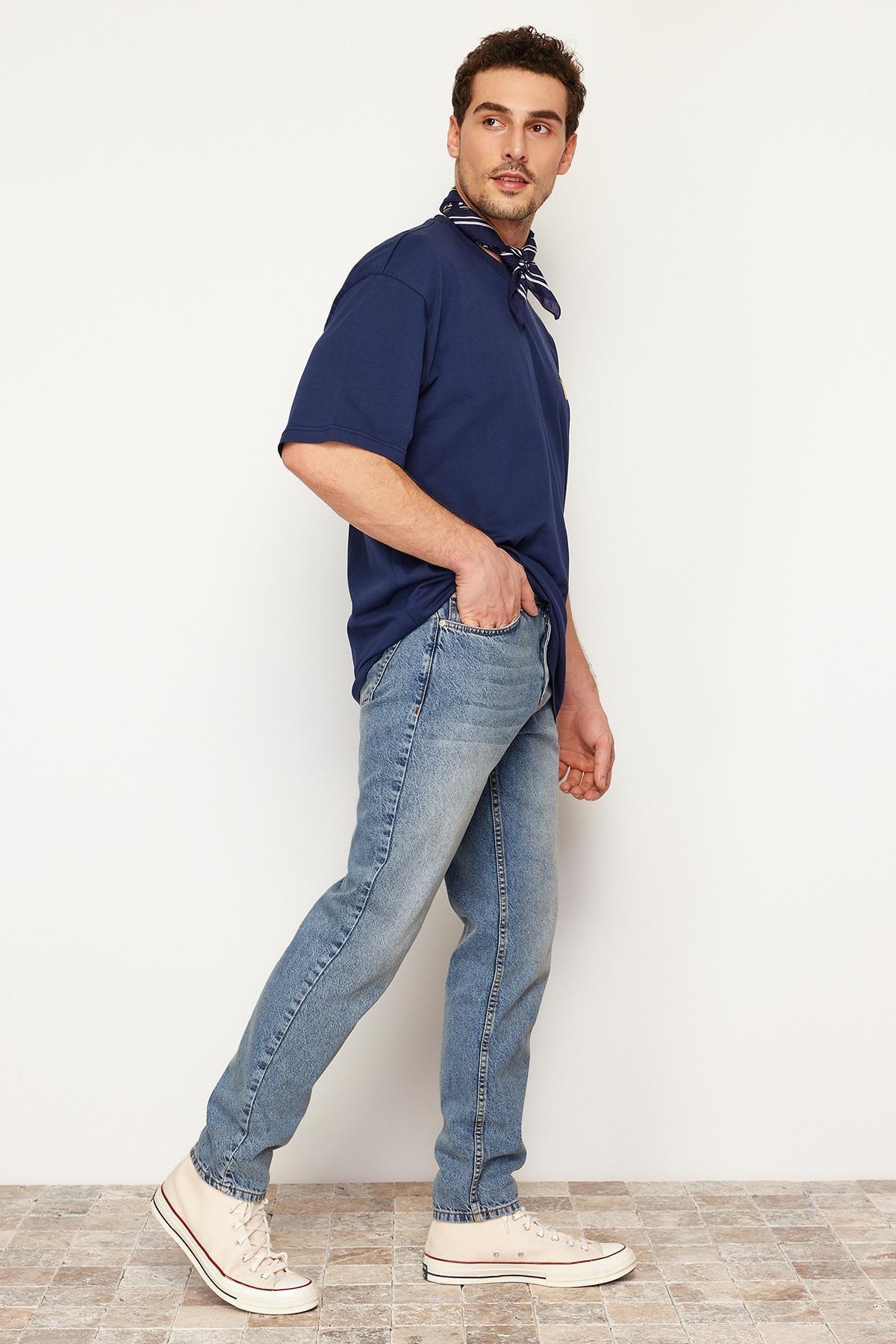 Navy Old Look Boyfriend Denim Trousers, Medium Blue-5003, large image number 1