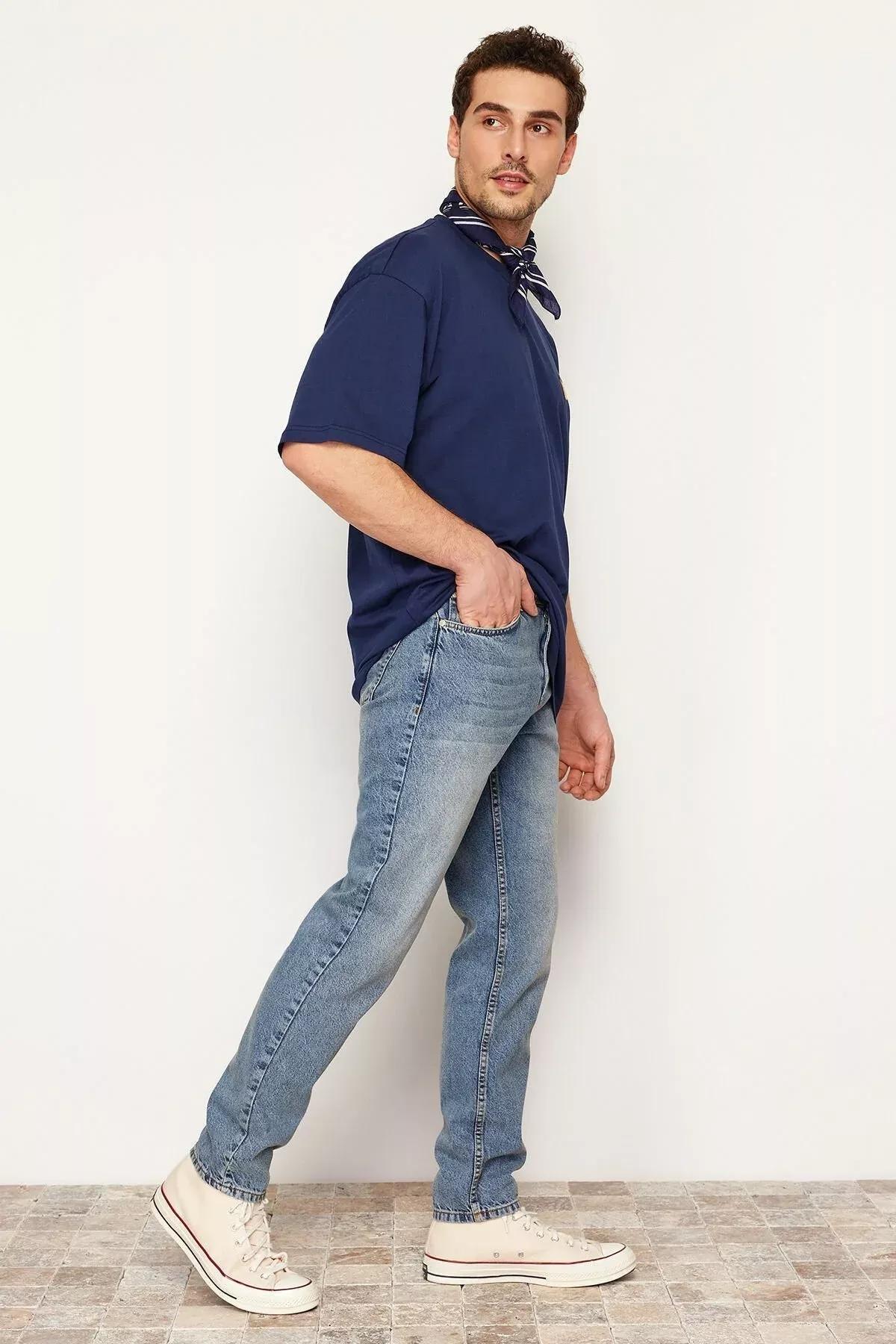 Navy Old Look Boyfriend Denim Trousers, Medium Blue-5003, large image number 1