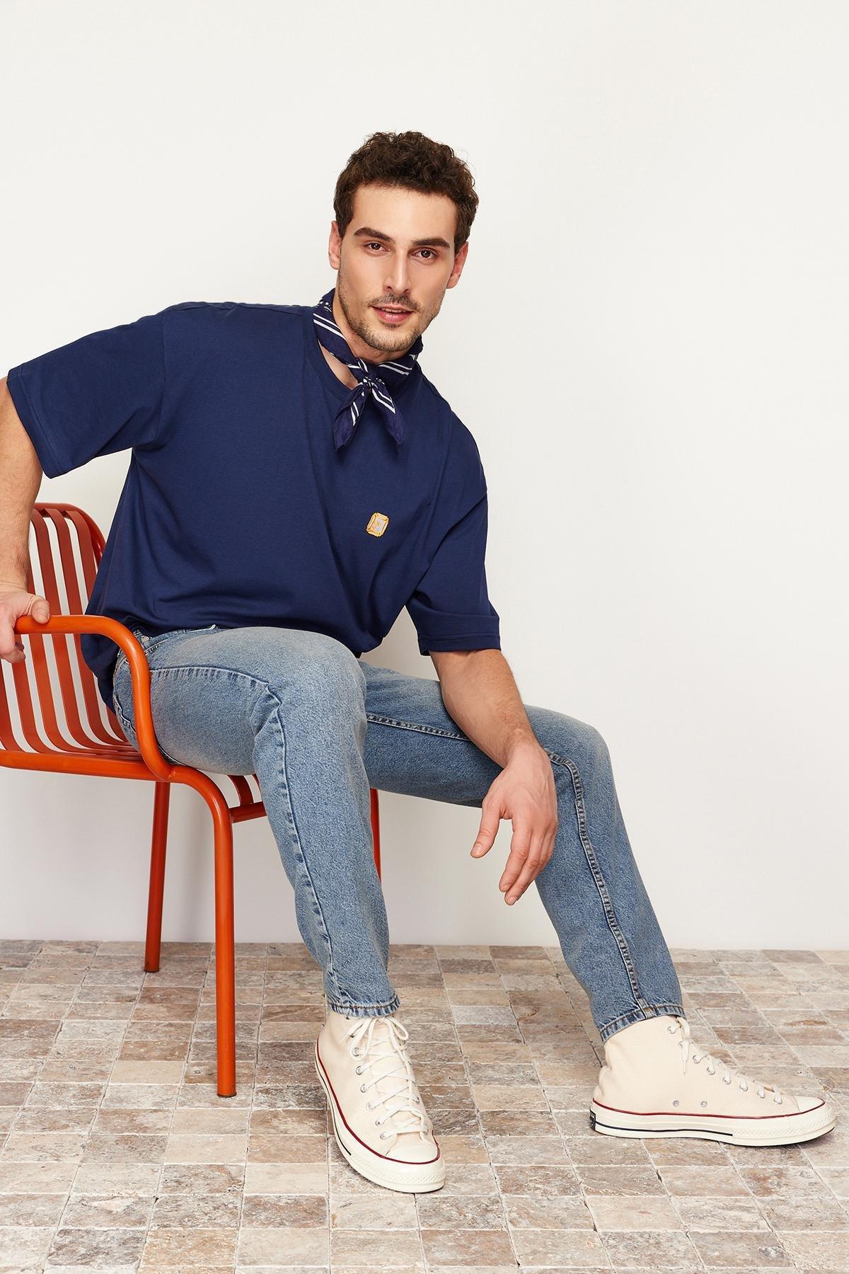 Navy Old Look Boyfriend Denim Trousers, Medium Blue-5003, large image number 2
