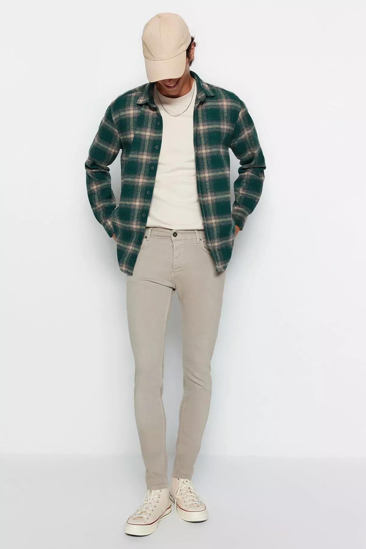 Beige Skinny Fit Stretchy Fabric Jeans, Beige, medium