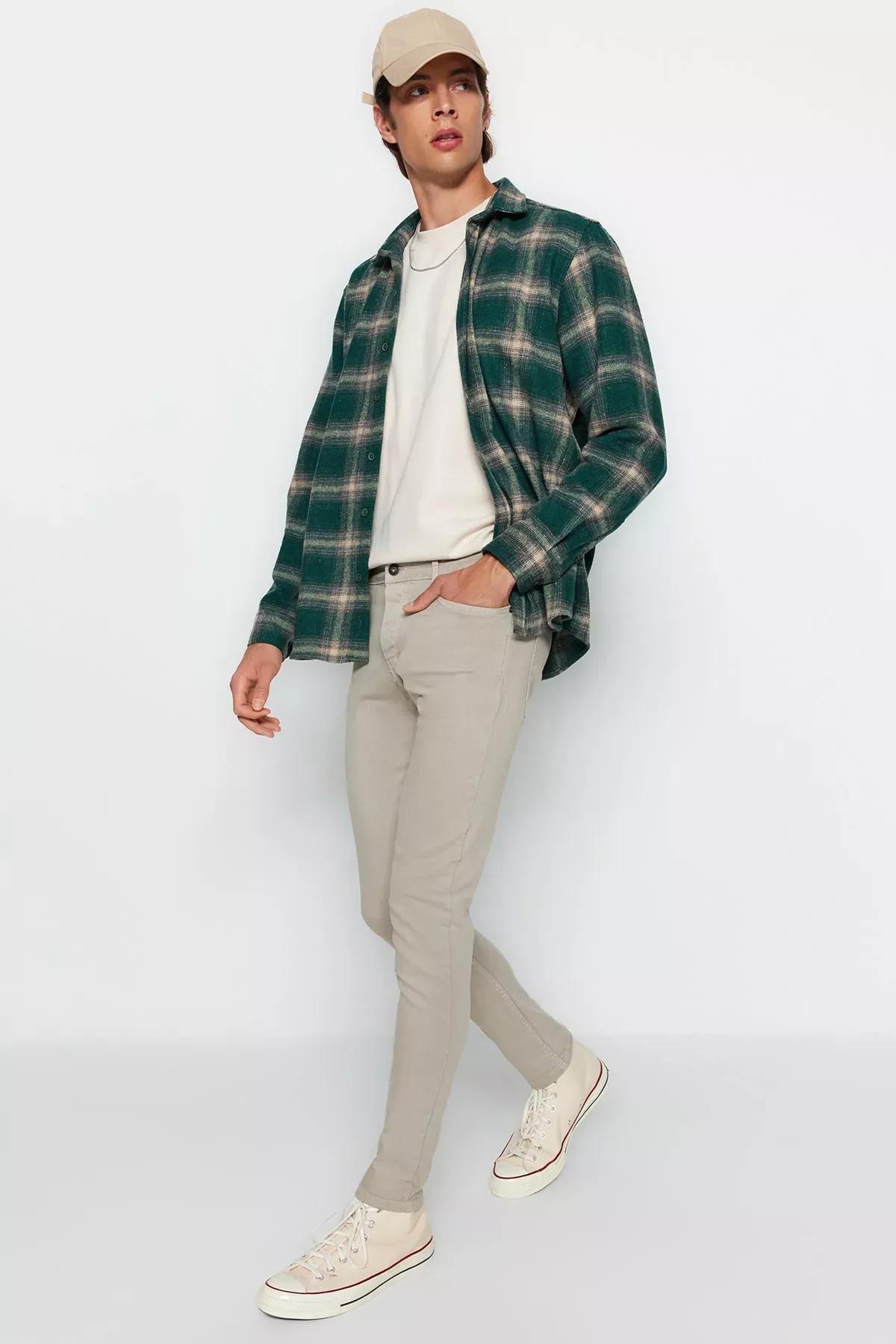 Beige Skinny Fit Stretchy Fabric Jeans, Beige, medium