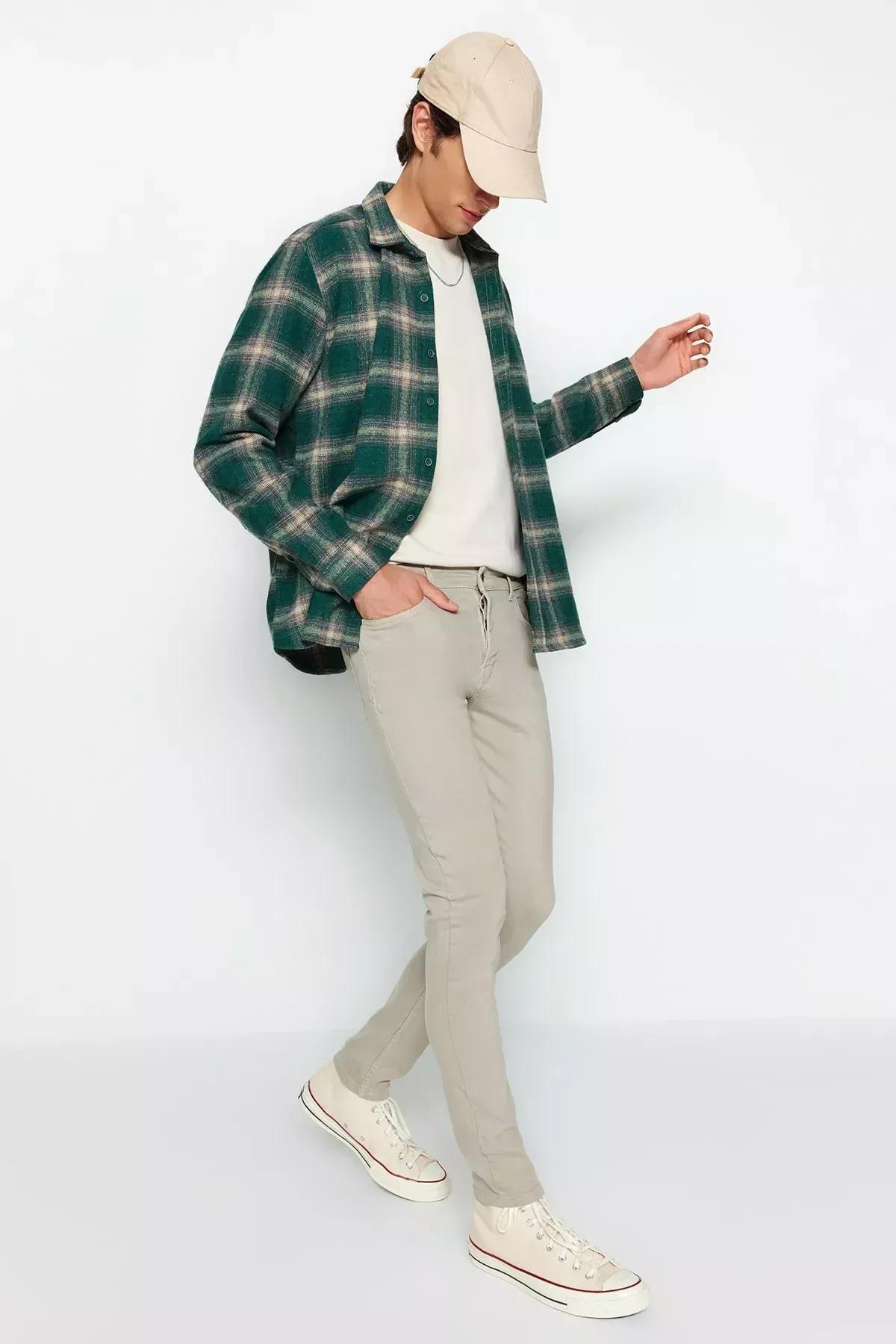 Beige Skinny Fit Stretchy Fabric Jeans, Beige, medium