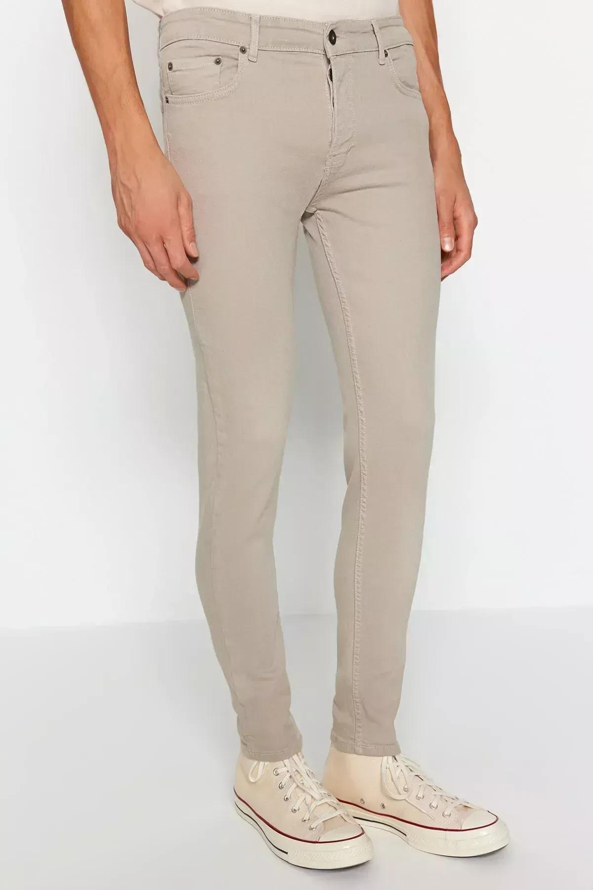 Beige Skinny Fit Stretchy Fabric Jeans, Beige, large image number 4