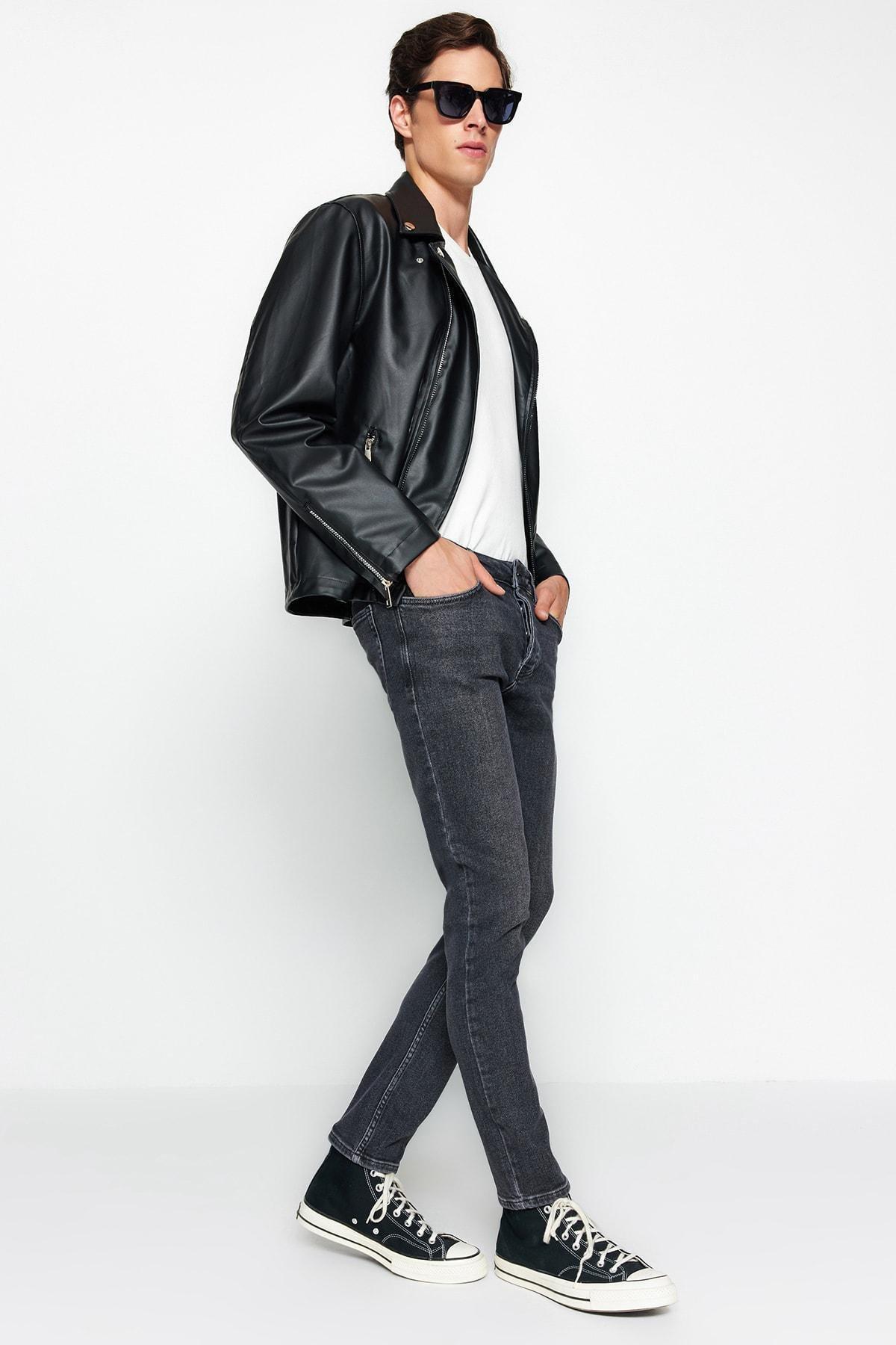 Grey Skinny Fit Jeans Denim Trousers, Black-1003, large image number 1