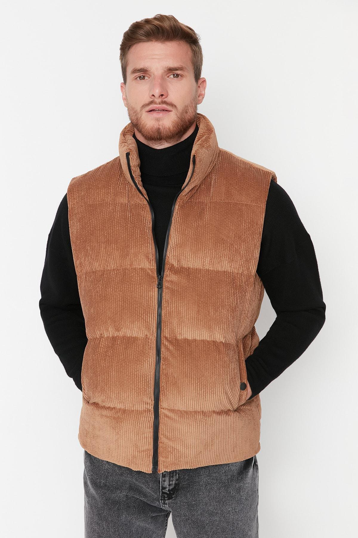 Brown Standing Collar Vest, , large image number 0