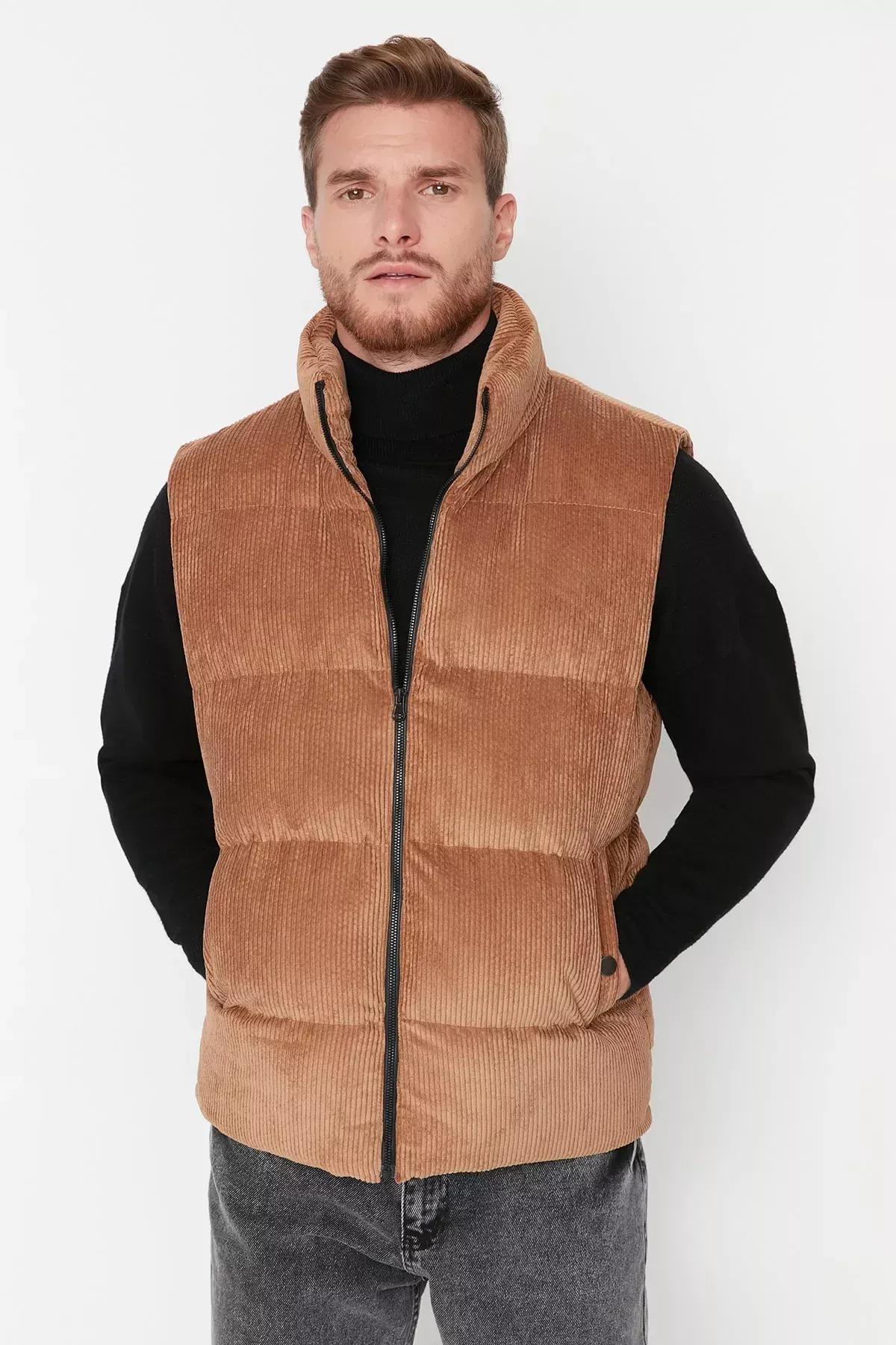 Brown Standing Collar Vest, , large image number 0
