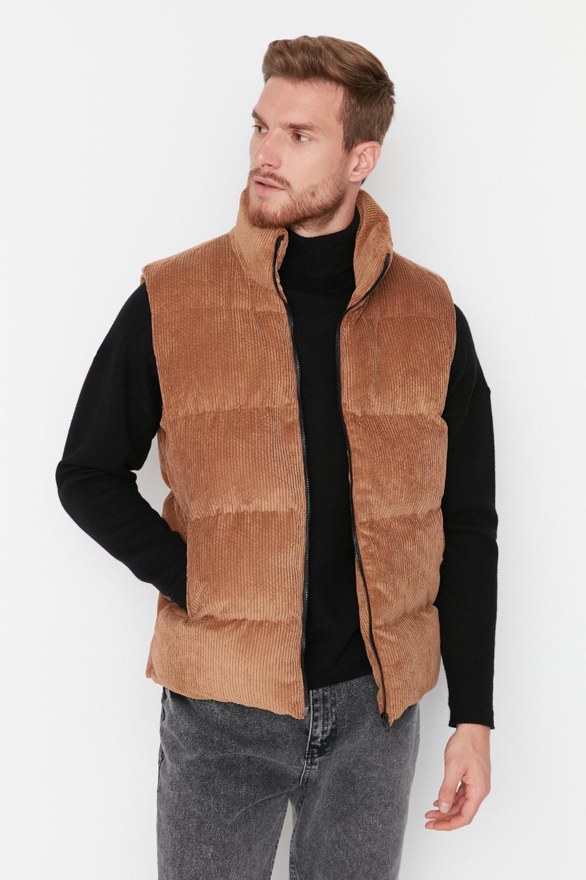 Brown Standing Collar Vest, , large image number 1
