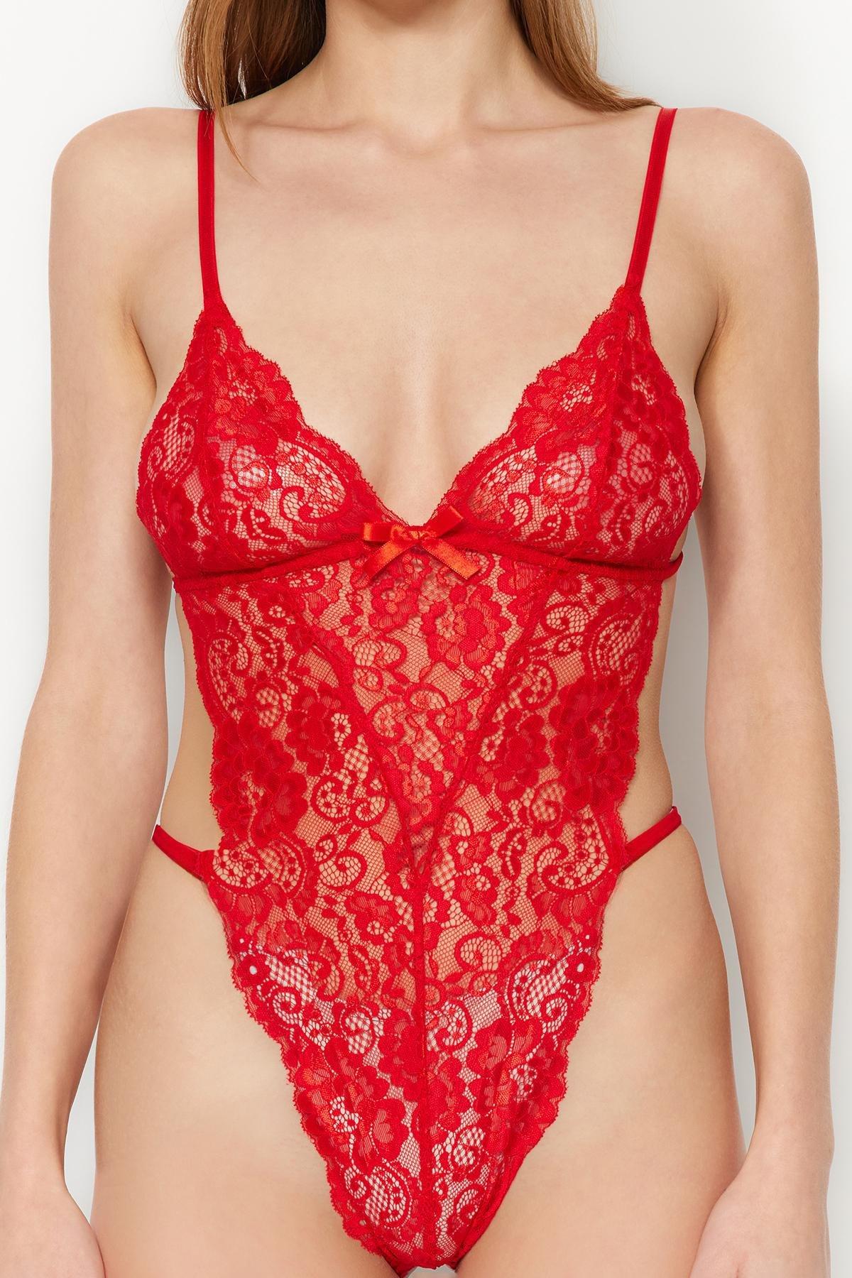Red Lace Snaps Knitted Bodysuit, , large image number 4