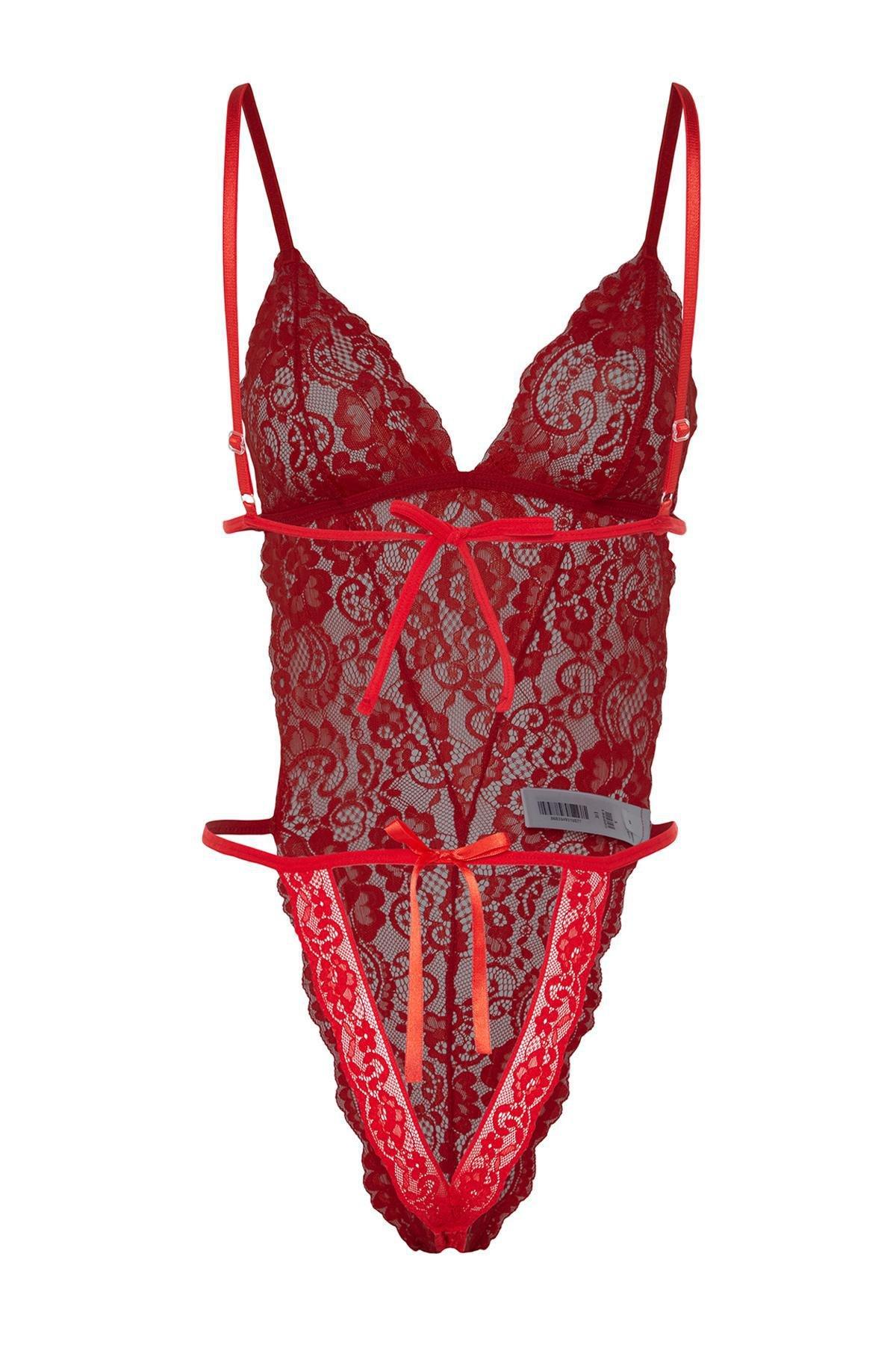 Red Lace Snaps Knitted Bodysuit, , large image number 6