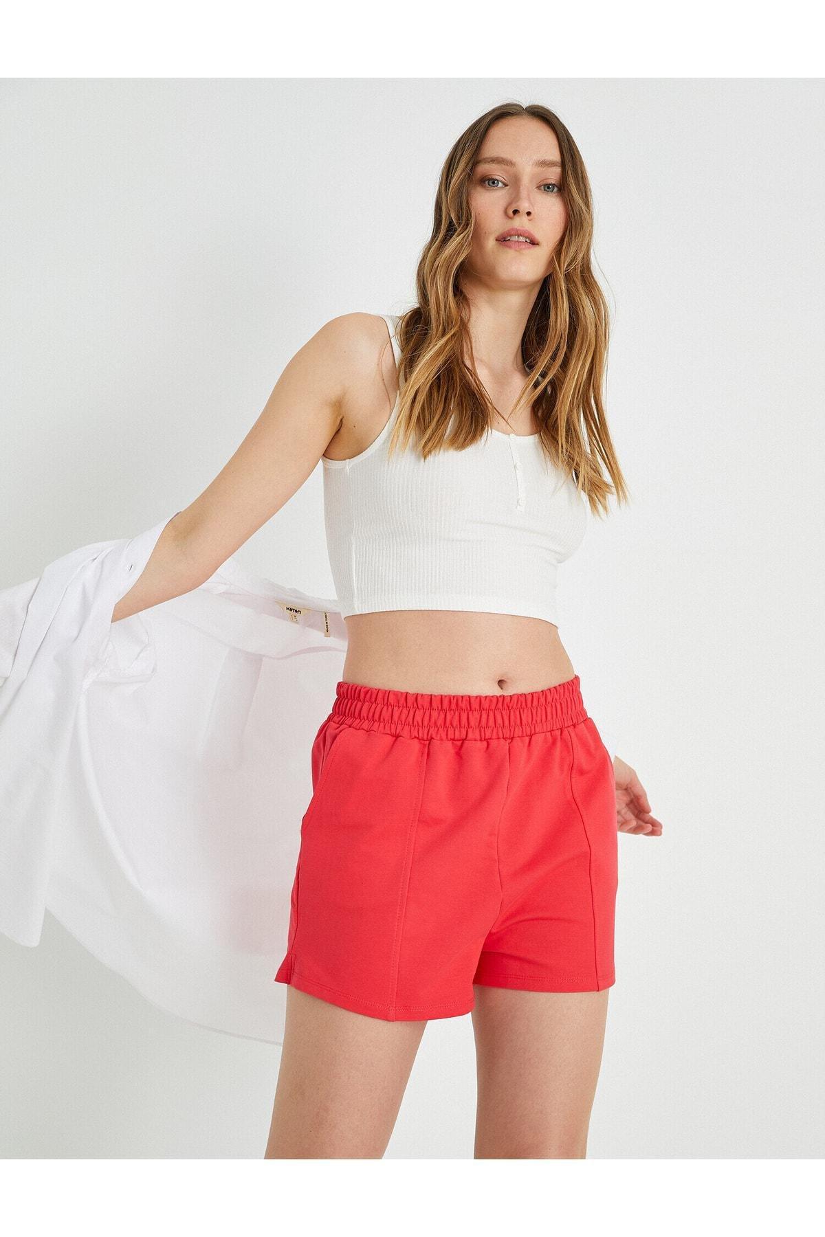 Koton - Red Elastic Waist Pocket Mini Shorts