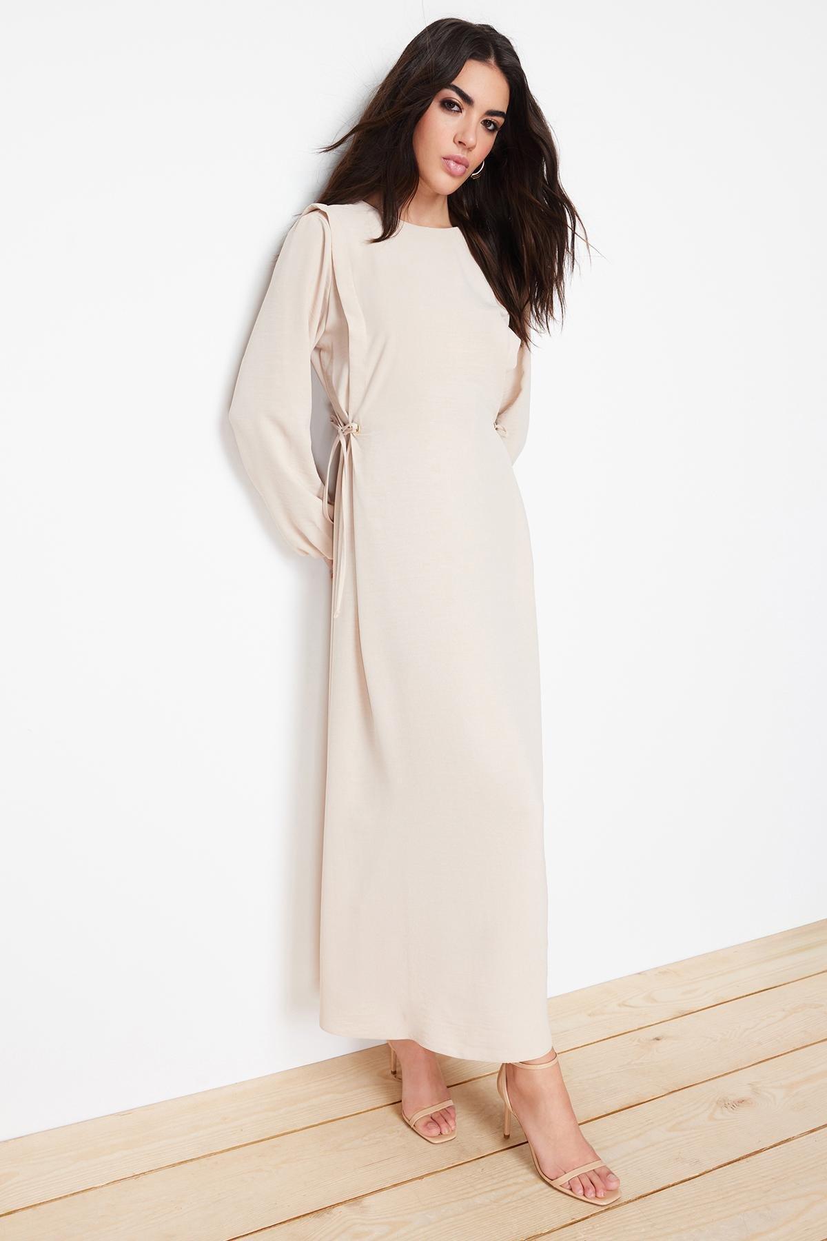 Beige Ruched Shift Maxi Dress, , large image number 0