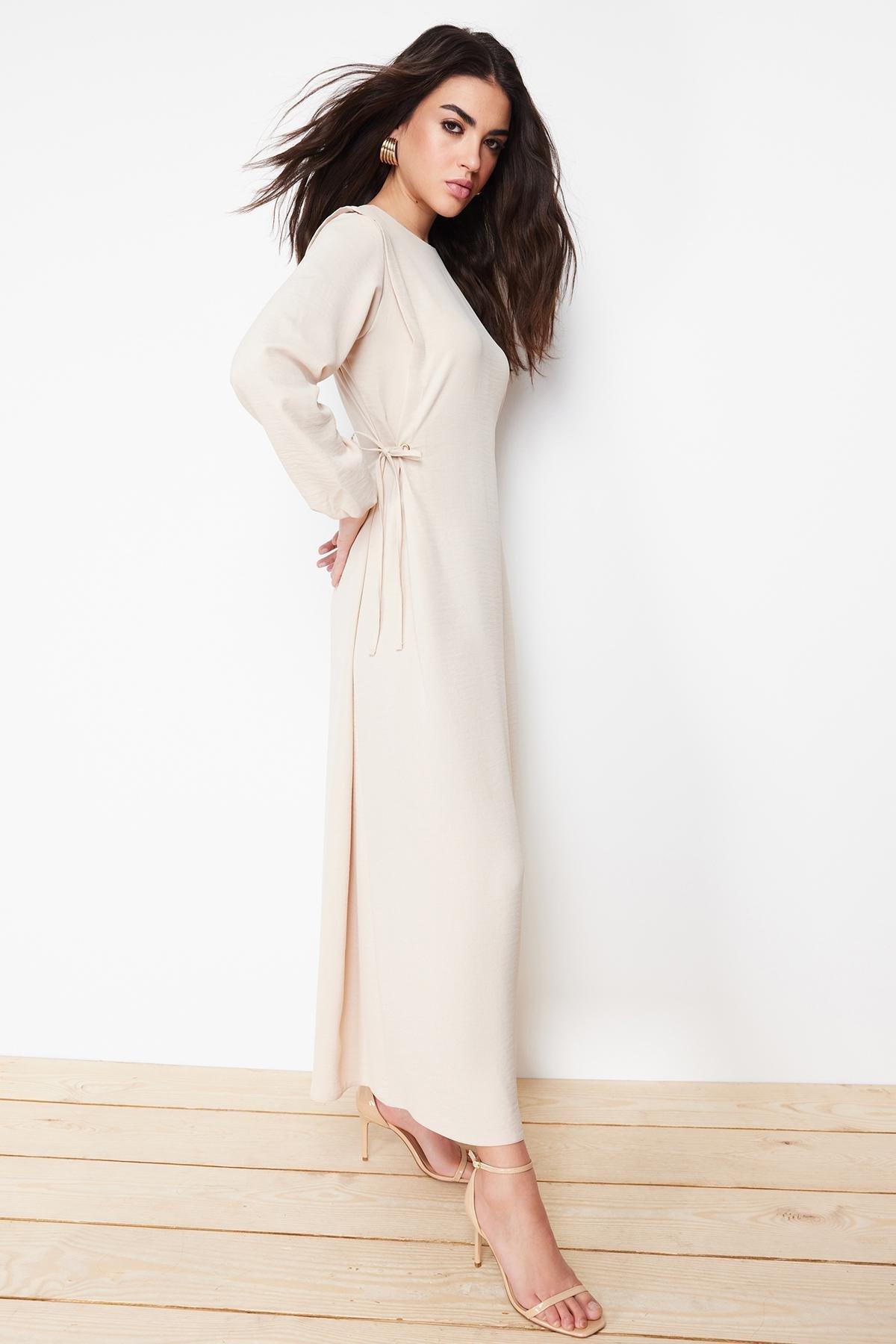 Beige Ruched Shift Maxi Dress, , large image number 1