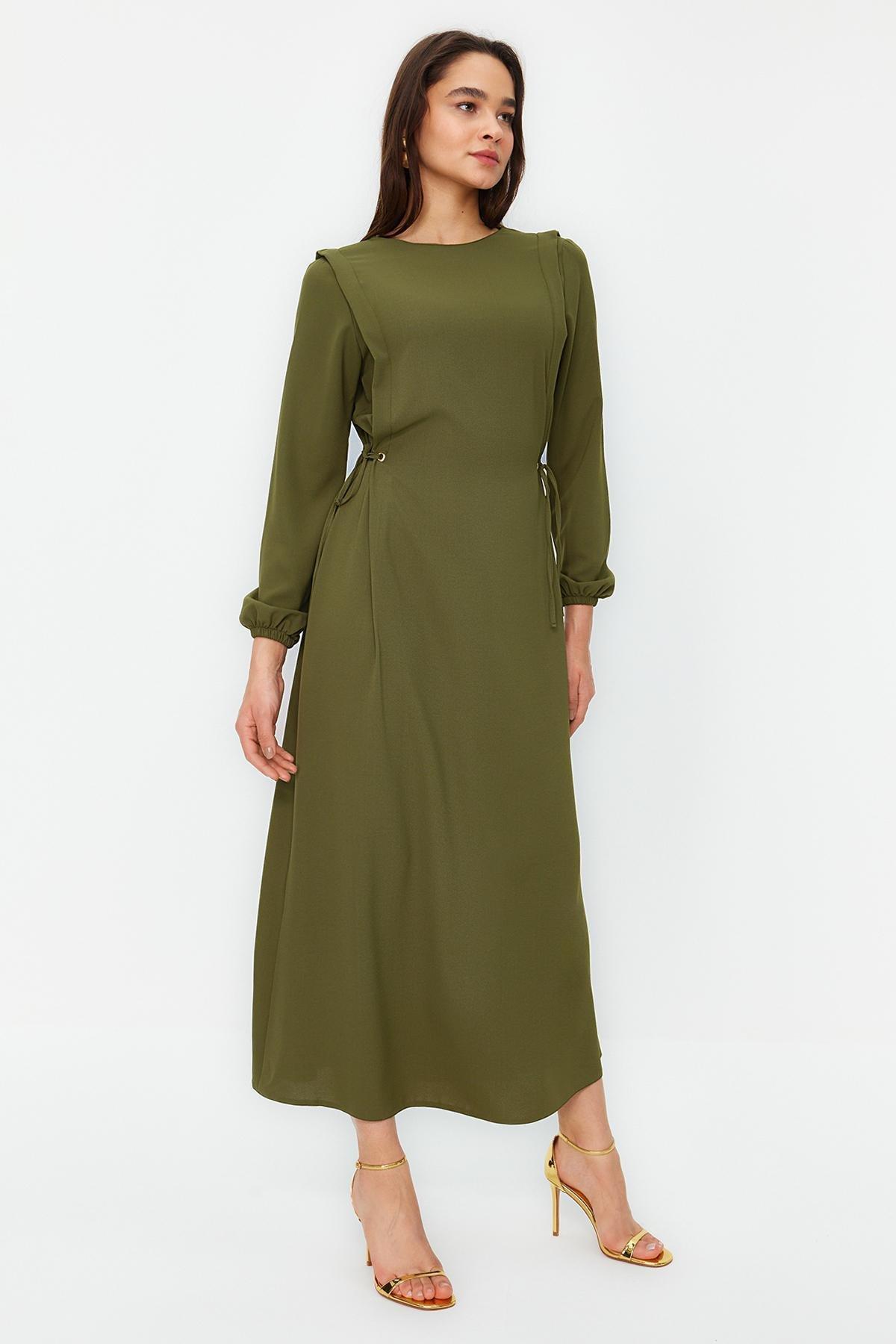 Green High Neck Elastic Woven Dress, , medium