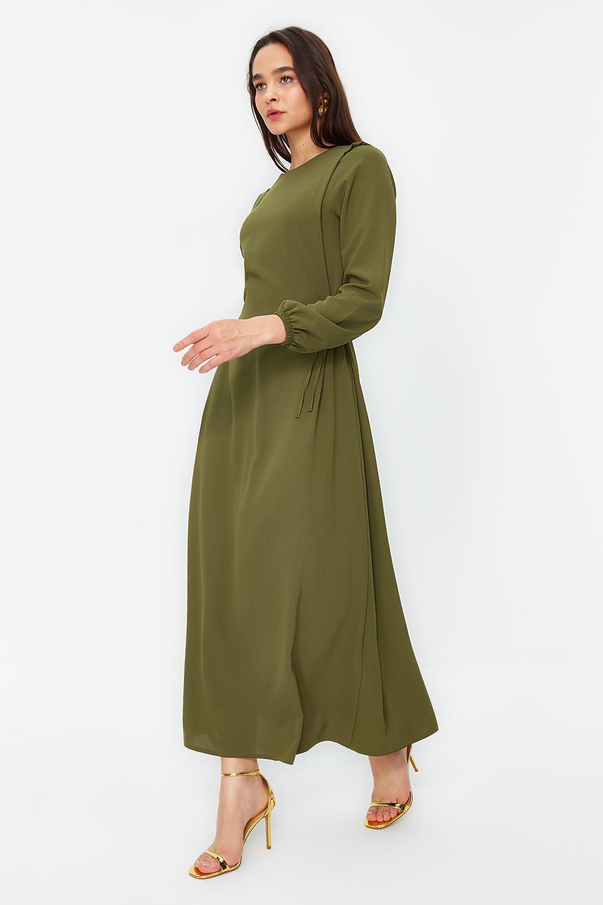 Green High Neck Elastic Woven Dress, , large image number 1