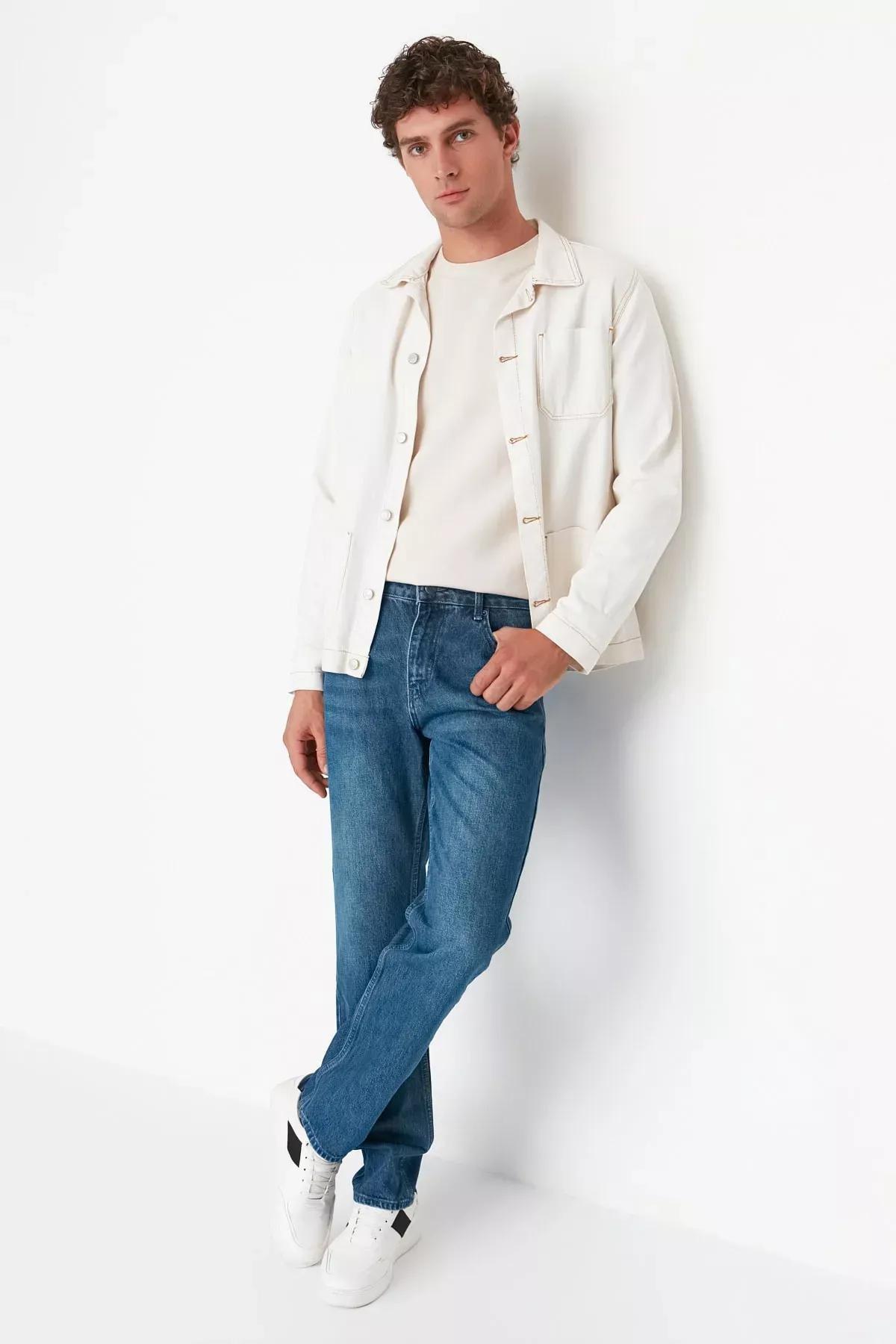Navy Straight Denim Jeans, Dark blue, large image number 1