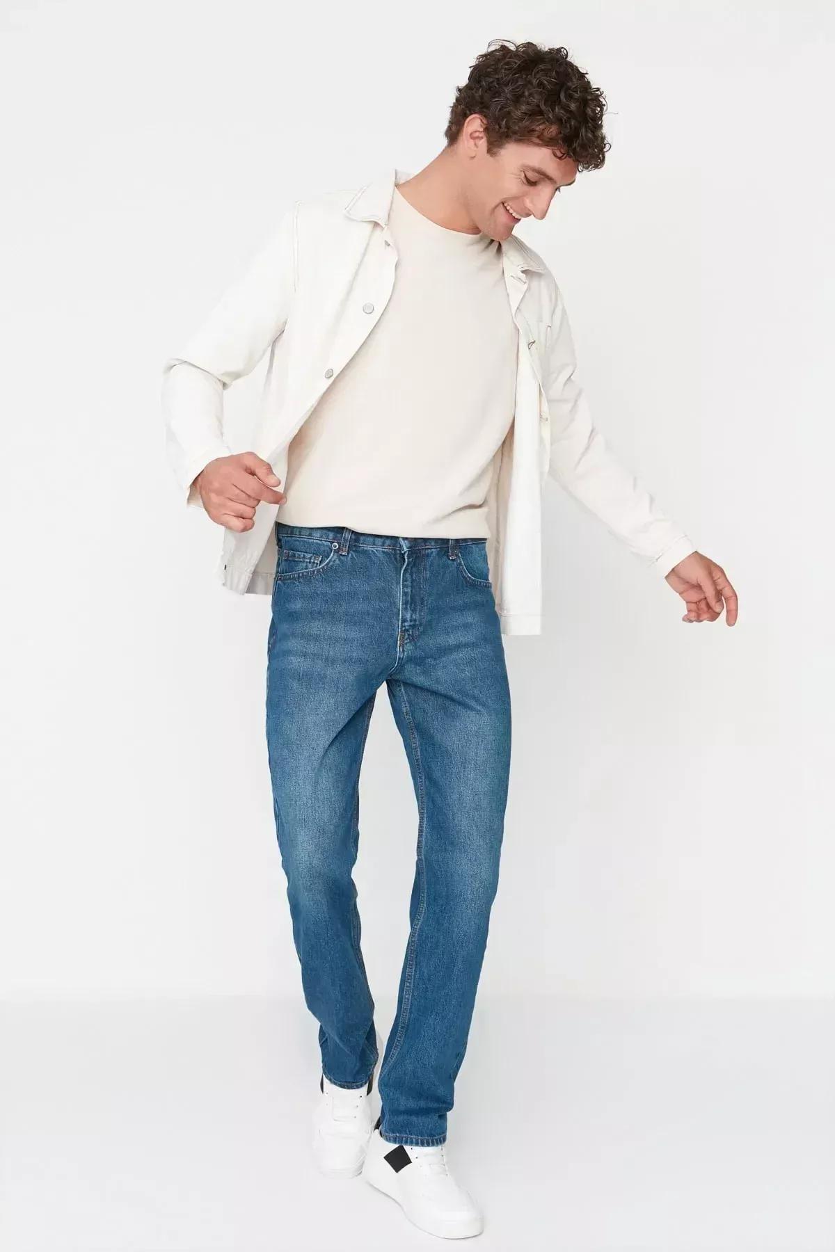 Navy Straight Denim Jeans, Dark blue, large image number 2