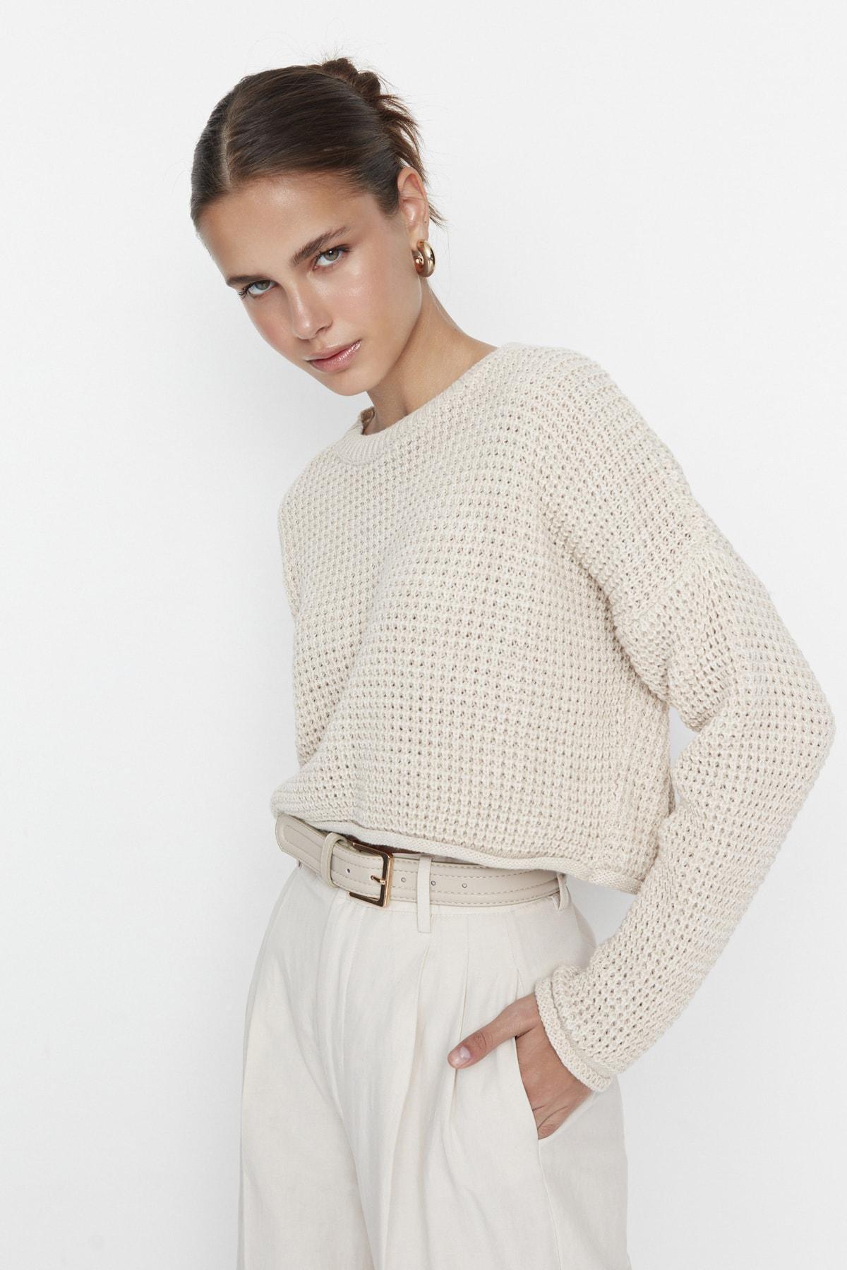 Beige Crew Neck Sweater, , medium