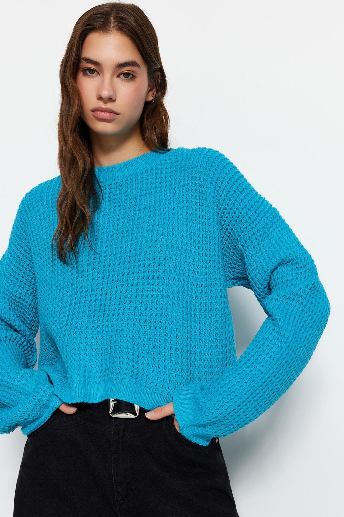 Trendyol - Blue Textured Oversize Sweater