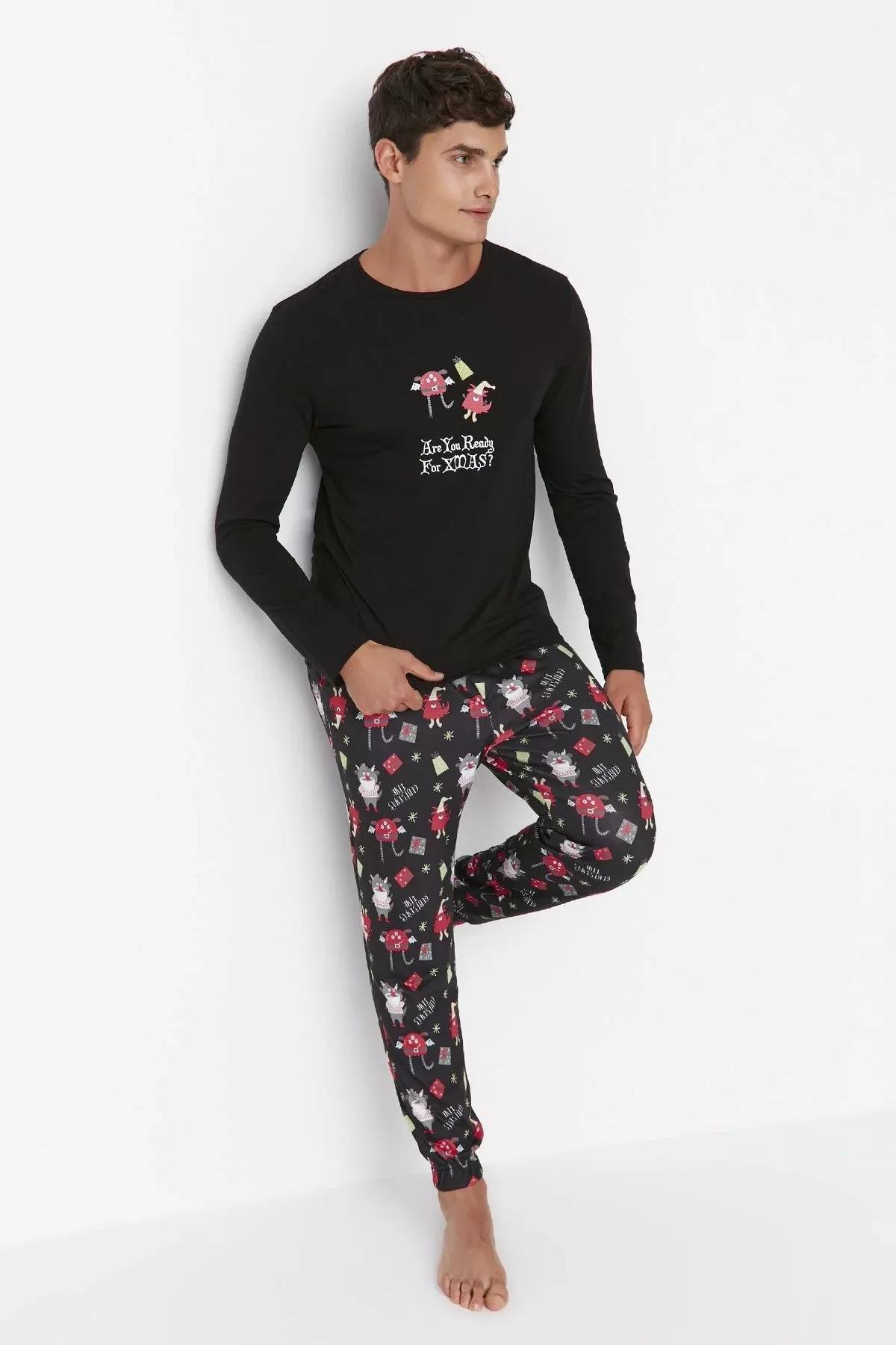 Black Printed Pajama Set, Black, large image number 1