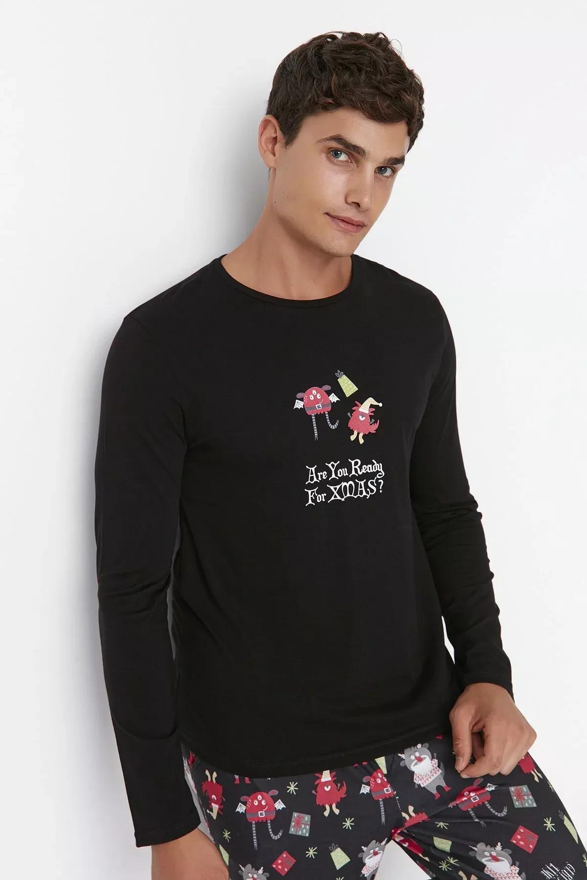 Black Printed Pajama Set, Black, large image number 2