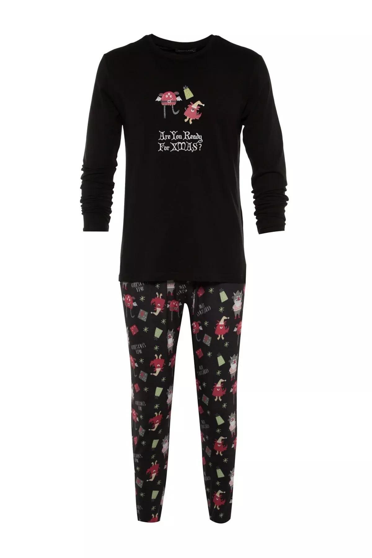 Black Printed Pajama Set, Black, large image number 4