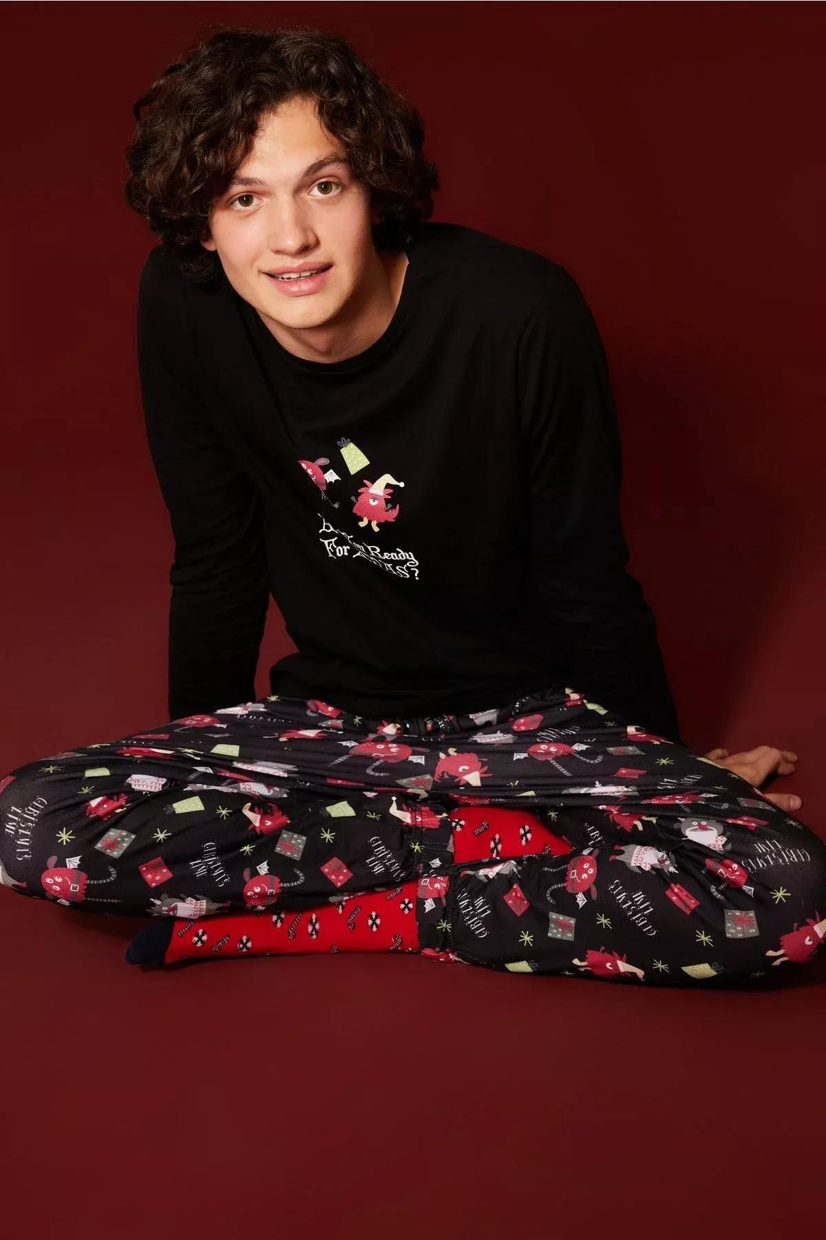 Black Printed Pajama Set, Black, large image number 6