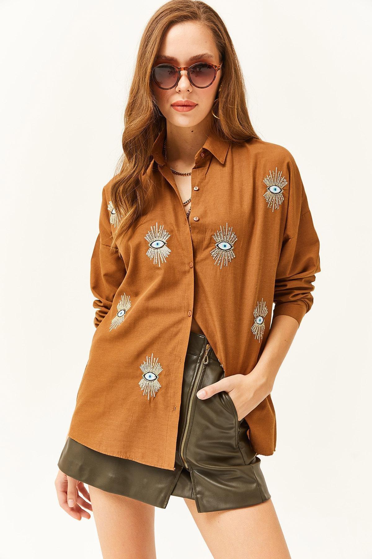 Brown Embroidered Button Down Shirt, , large image number 1