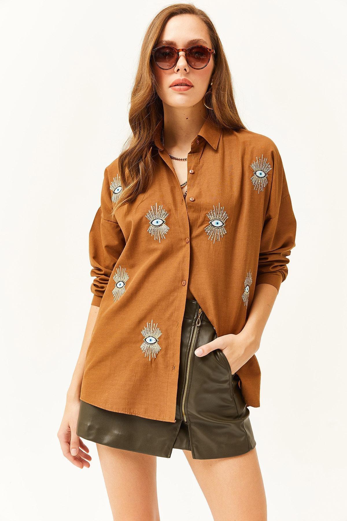 Brown Embroidered Button Down Shirt, , large image number 2