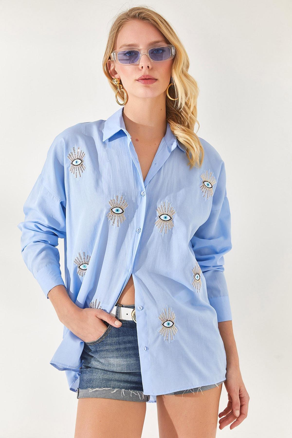 Blue Printed Oversized Shirt, , large image number 1