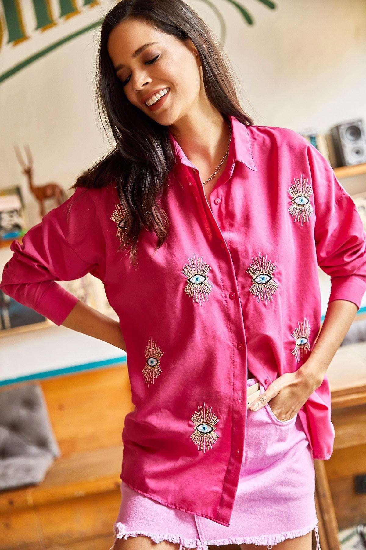 Pink Sequin Detailed Woven Boyfriend Shirt, , large image number 0