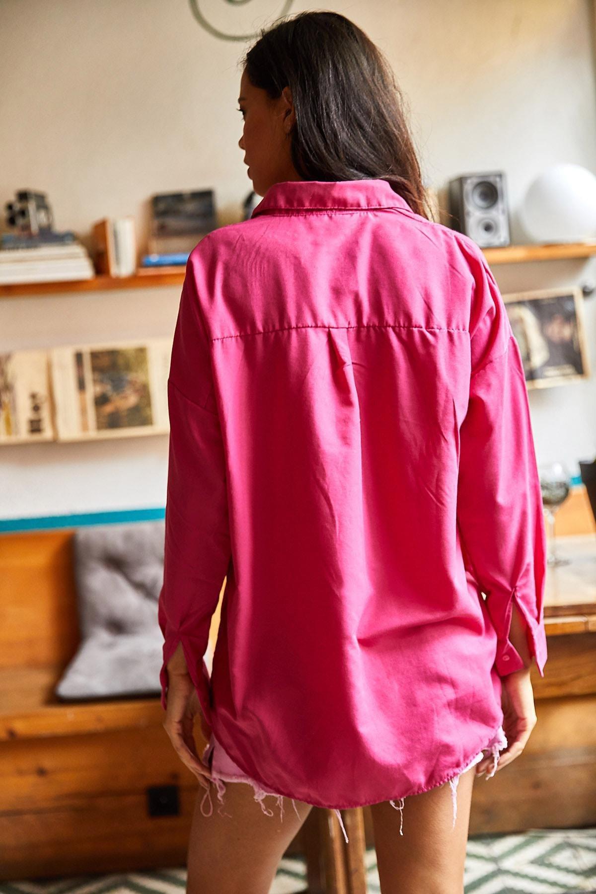 Olalook - Pink Sequin Detailed Woven Boyfriend Shirt